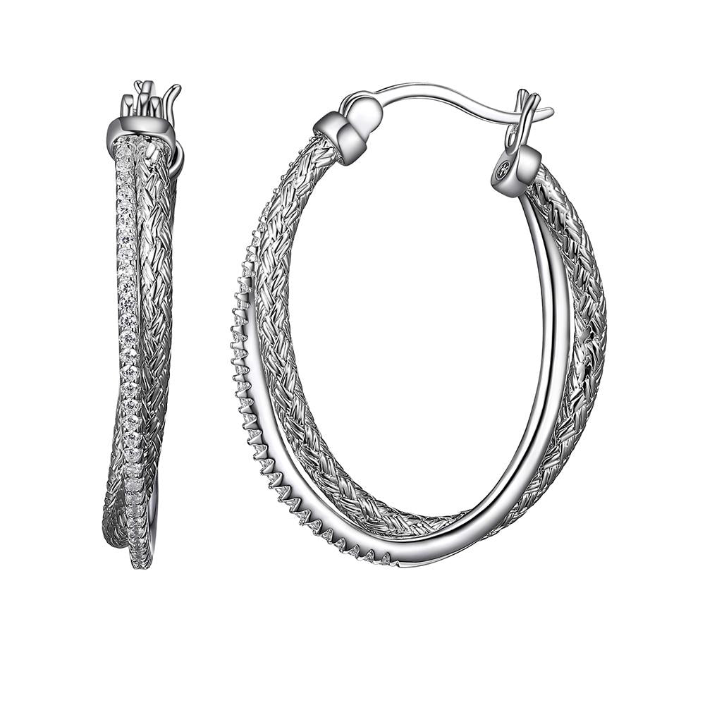 Sterling Silver 2Mm Mesh With Cz Hoop Earrings,  Oval Approximate30 X 20Mm, Rhodium Finish