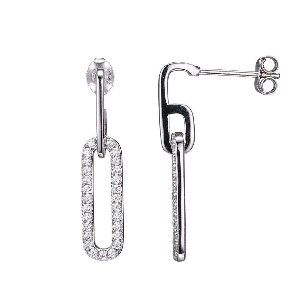 Sterling Silver Earrings With Cz Links (18X6Mm), Post Back, Rhodium Finish
