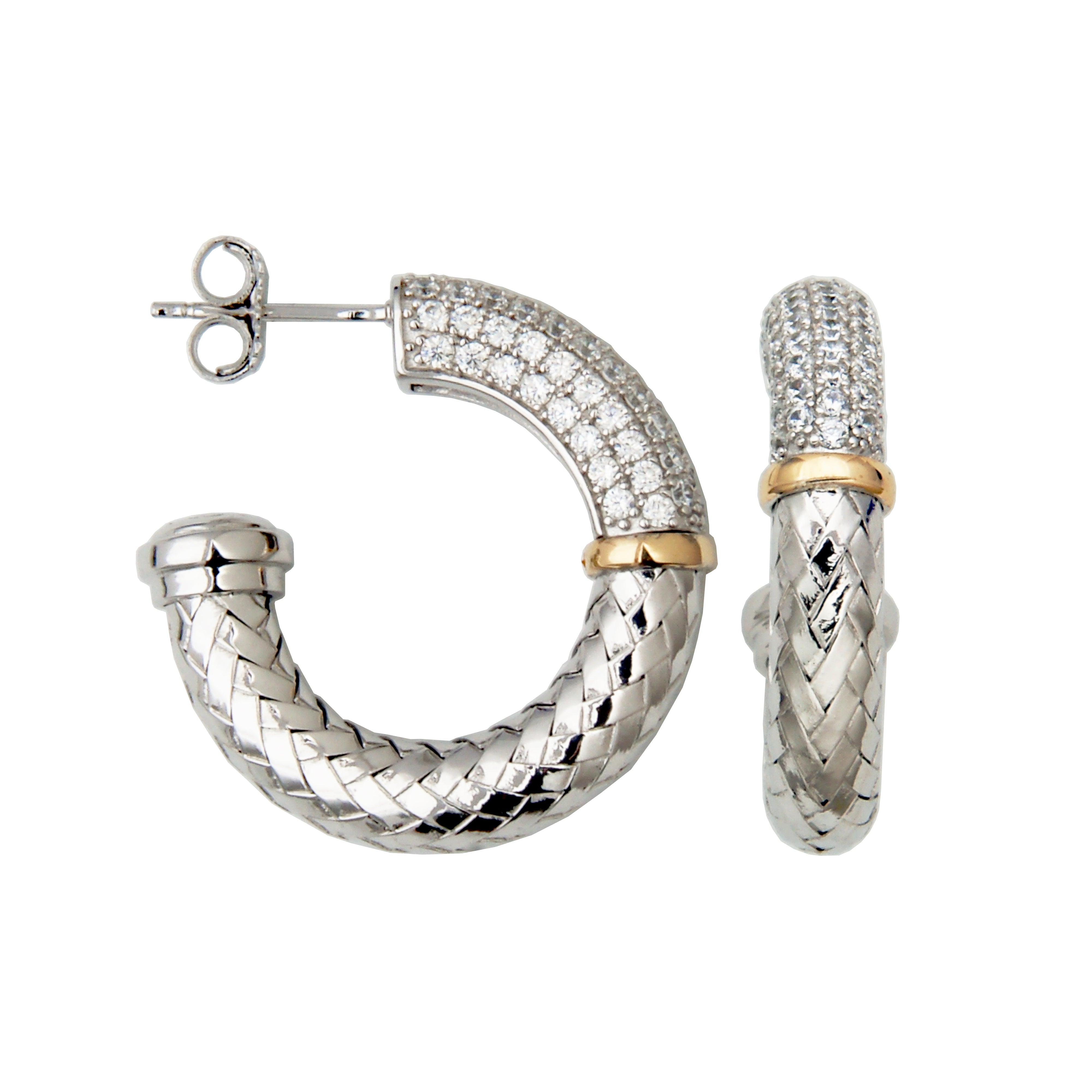 Sterling Silver Cubic Zirconia Mesh 28Mm  Hoop Rhodium Finish