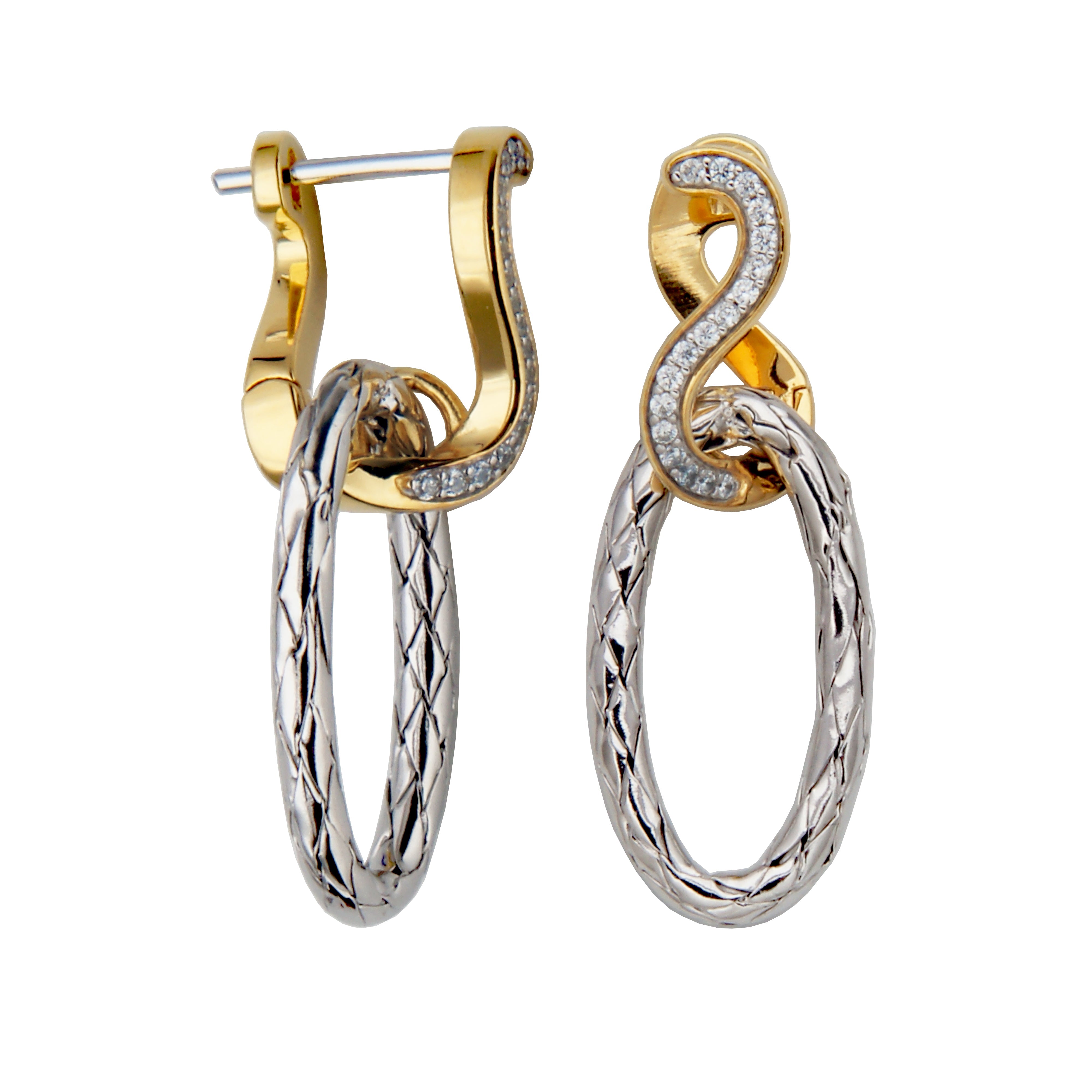 Sterling Silver Cubic Zirconia Mesh Oval  Drop Earring Rhodium And Yellow Gold Finish