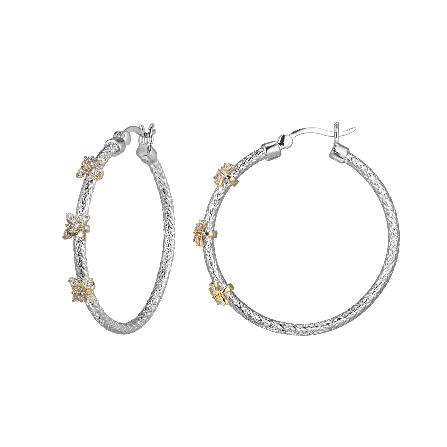 Sterling Silver Classic Mesh Flower Station 35Mm Hoop Rhodium And Yellow Gold Finish