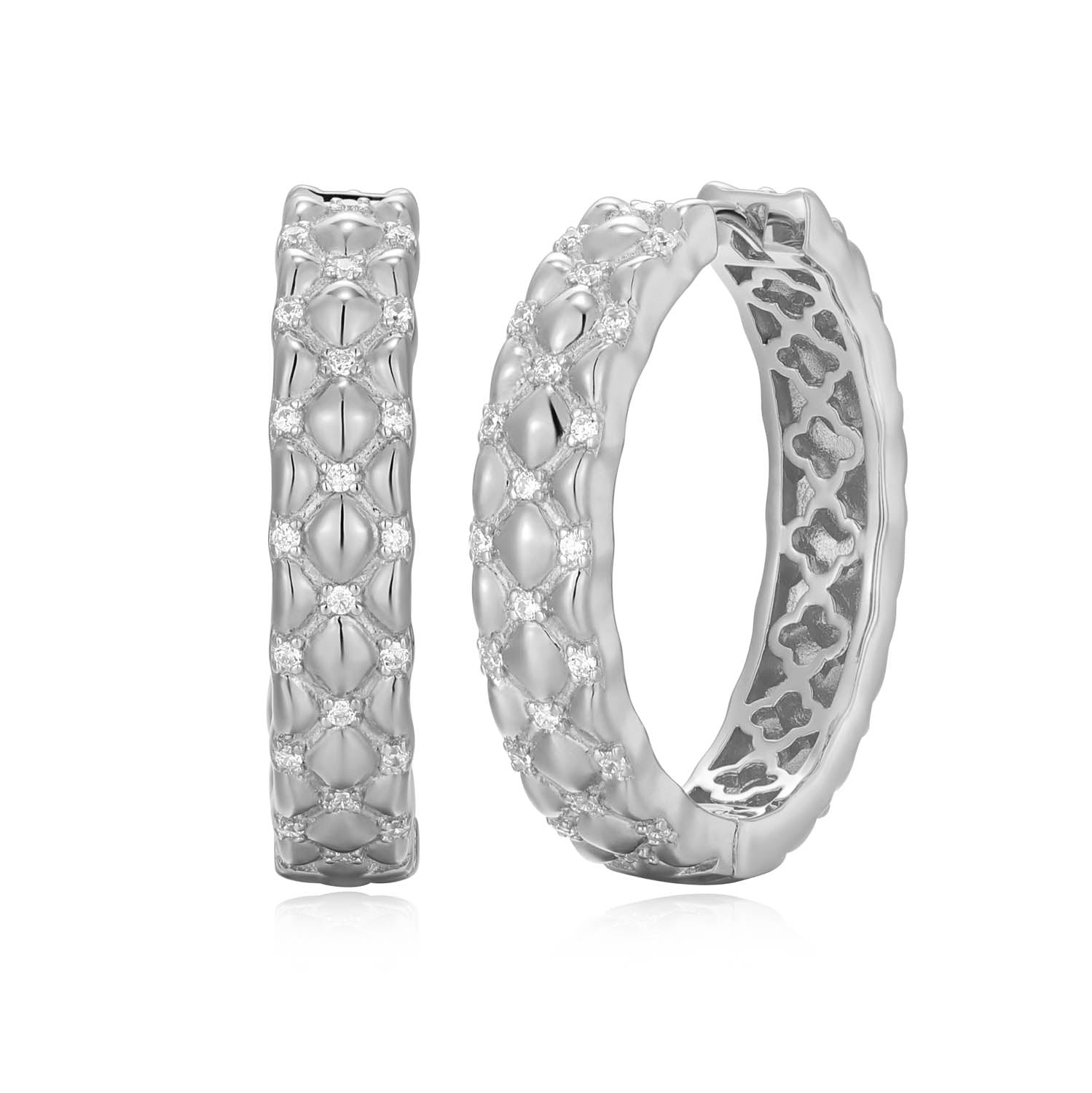 Sterling Silver Charles Garnier "quilted" Rhodium Plated Cz Earrings 25mm
