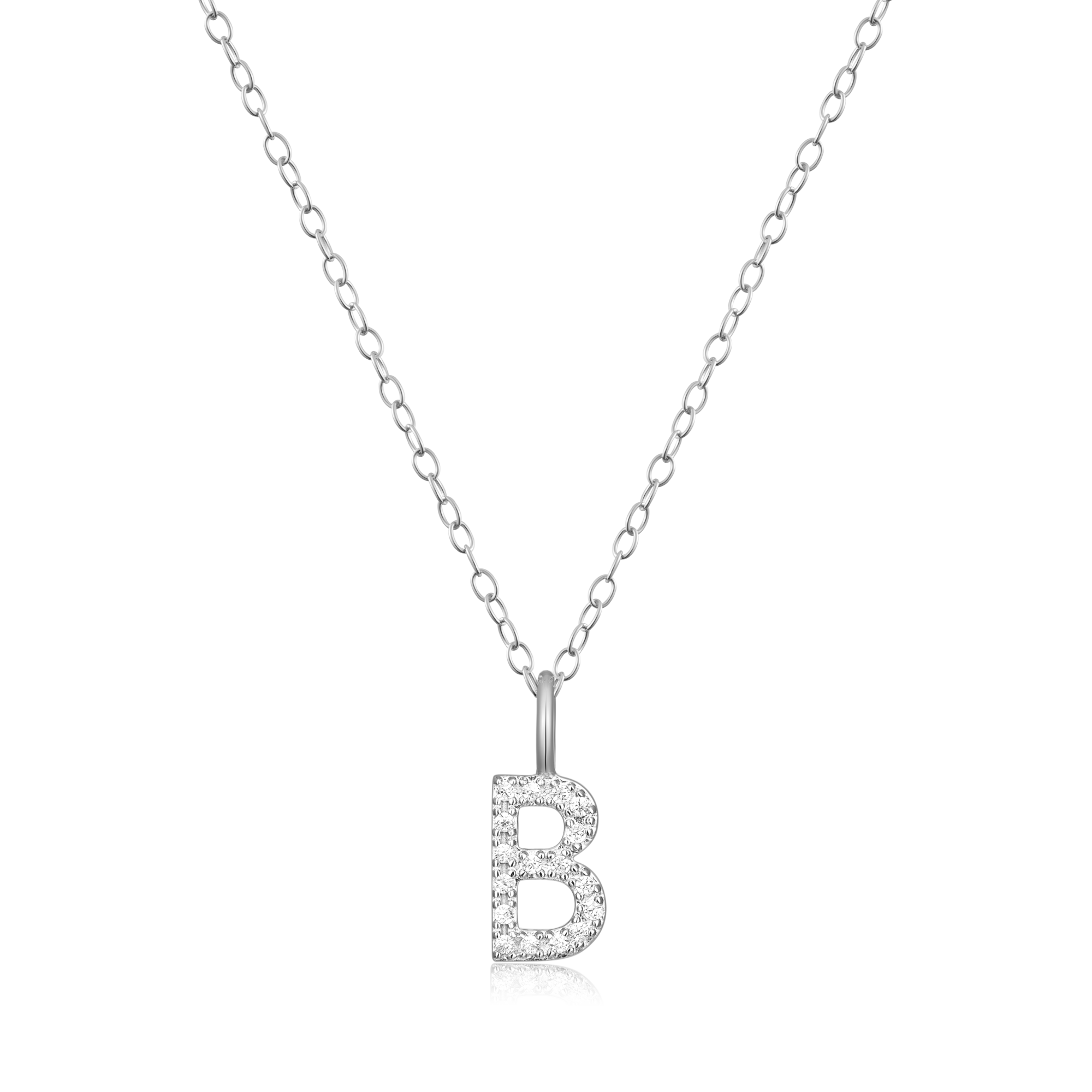 BN0121W - Letter "B" Initial Pendant Necklace in Rhodium-Plated Sterling Silver