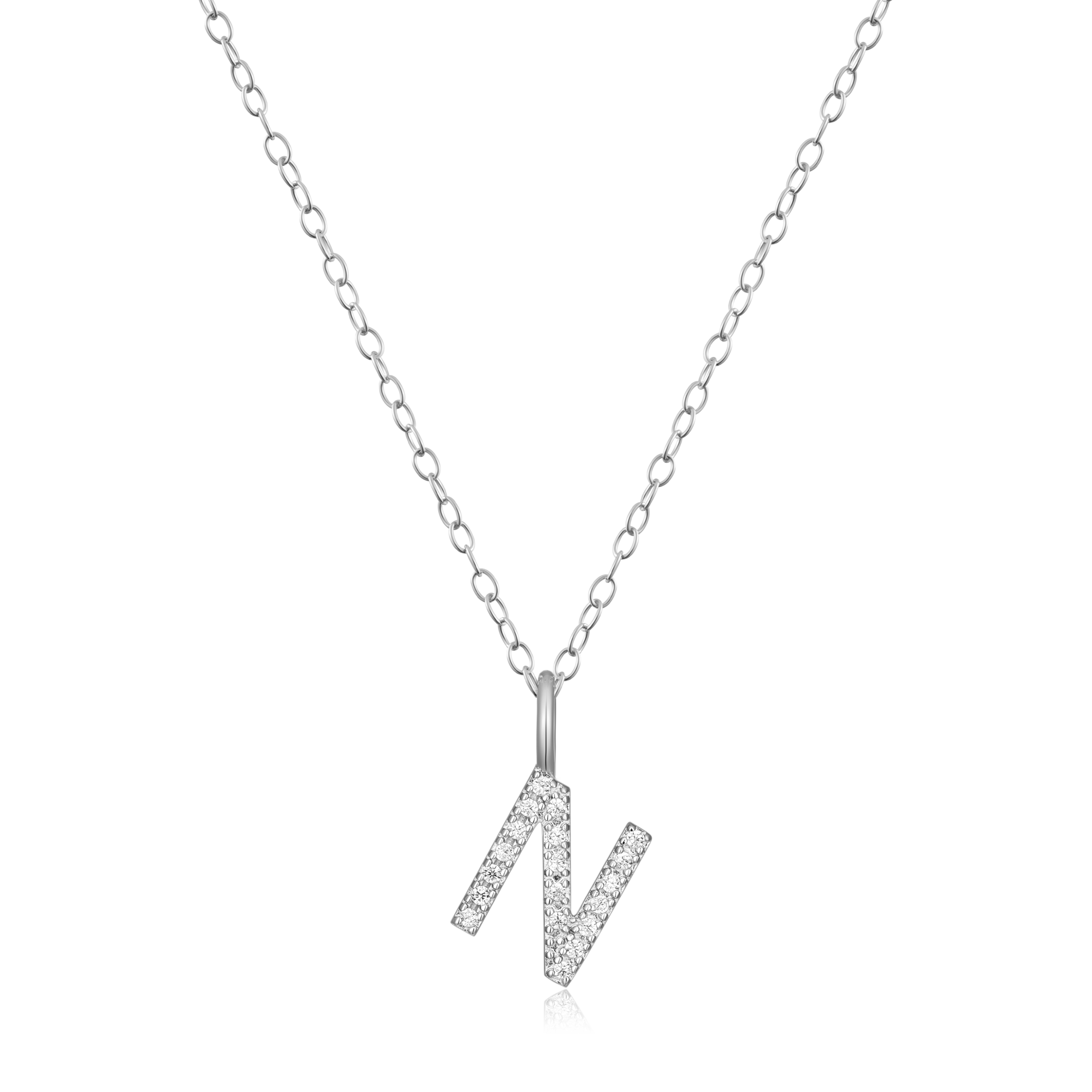 BN0133W - Letter "N" Initial Pendant Necklace in Rhodium-Plated Sterling Silver