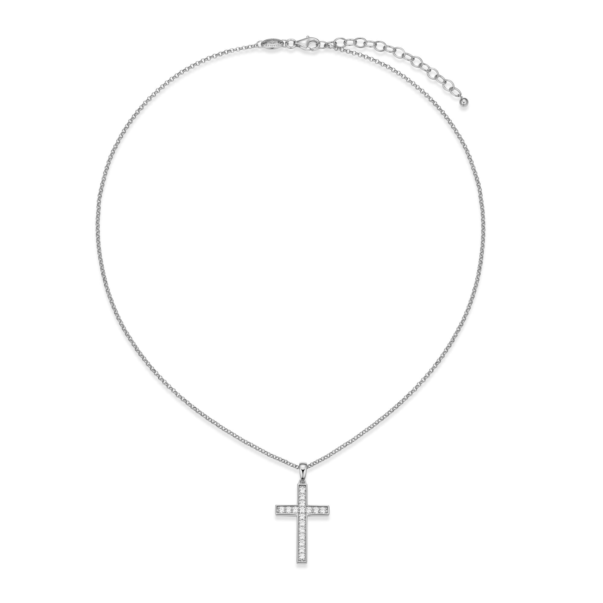 Sterling Silver Rhodium Plated Pend With White Cz Size020 Rolo (1.5Mm From M441)Chain 17" Ext 2"