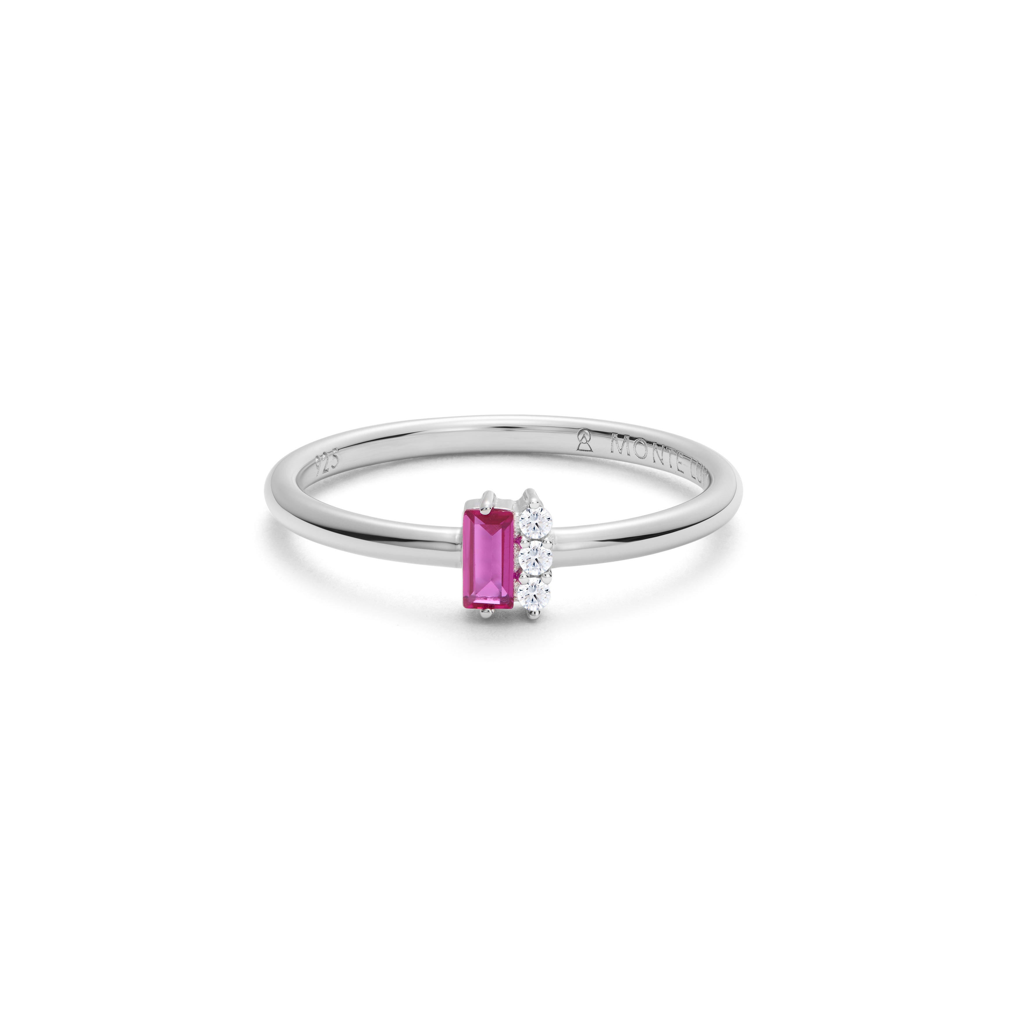 BR0173W - Lab-Created Ruby Baguette & Diamond Round Cluster Ring in Rhodium-Plated Sterling Silver