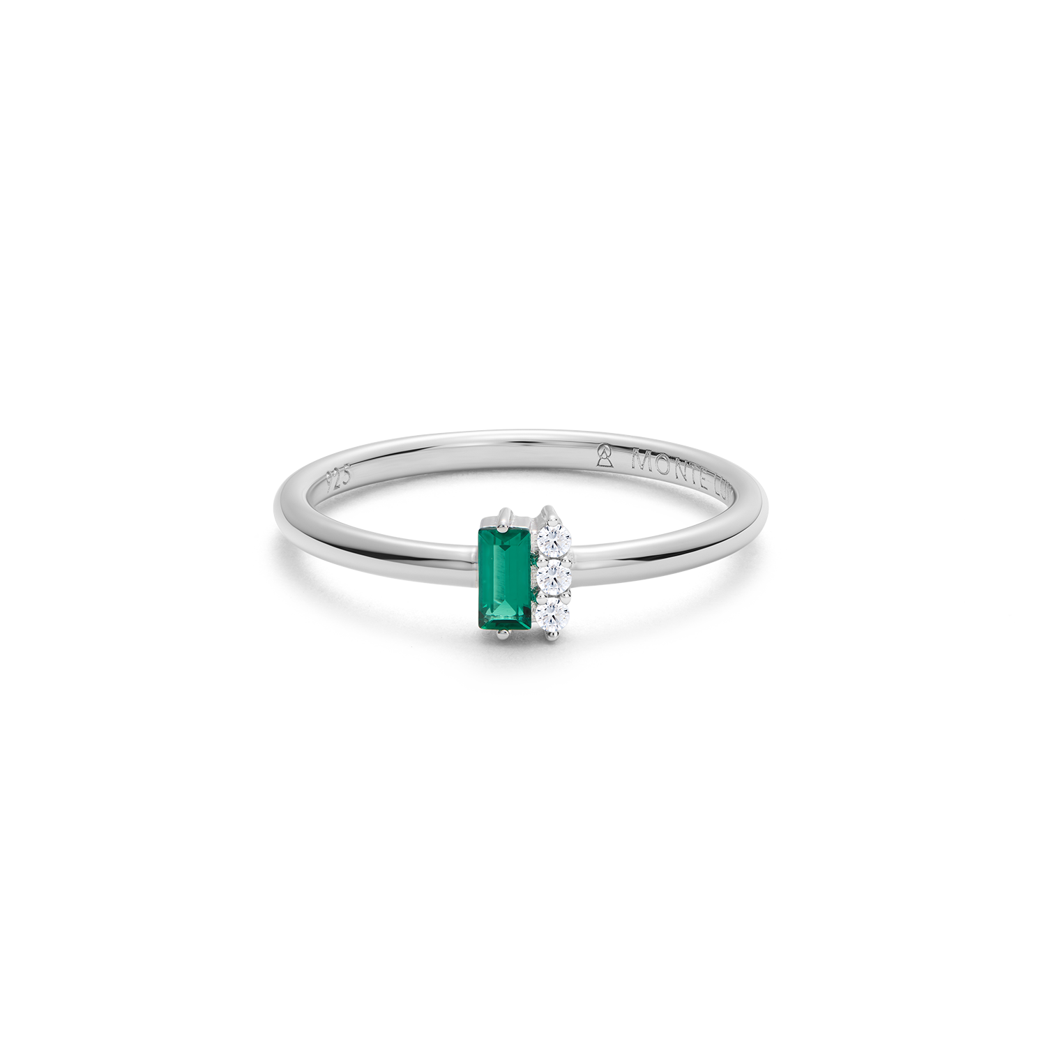 BR0175W - Lab-Created Emerald Baguette & Diamond Round Cluster Ring in Rhodium-Plated Sterling Silver - Size 6
