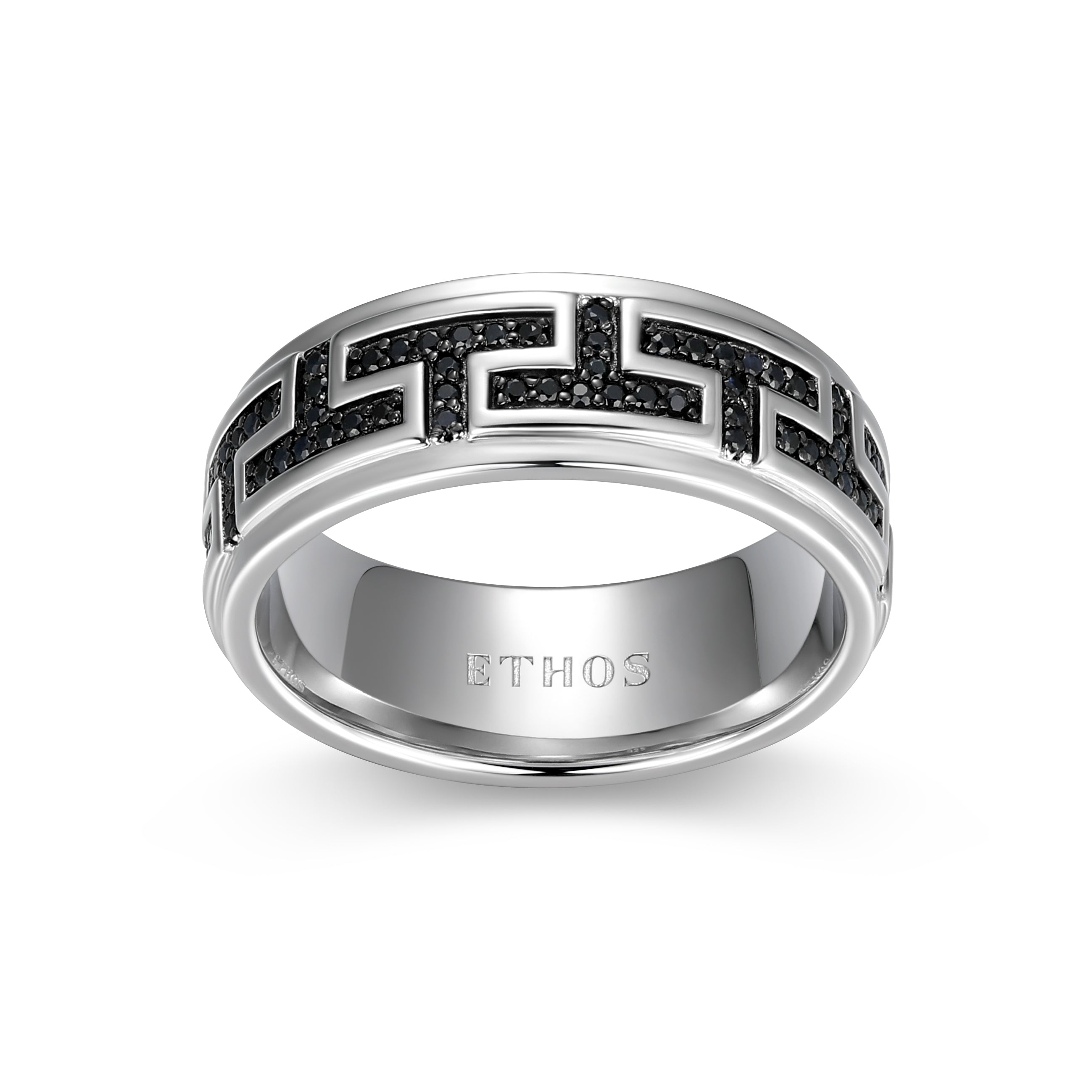 UR0093 - Eclipse Genuine Black Sapphire Geo Eternity Band Ring in Rhodium - Plated Sterling Silver