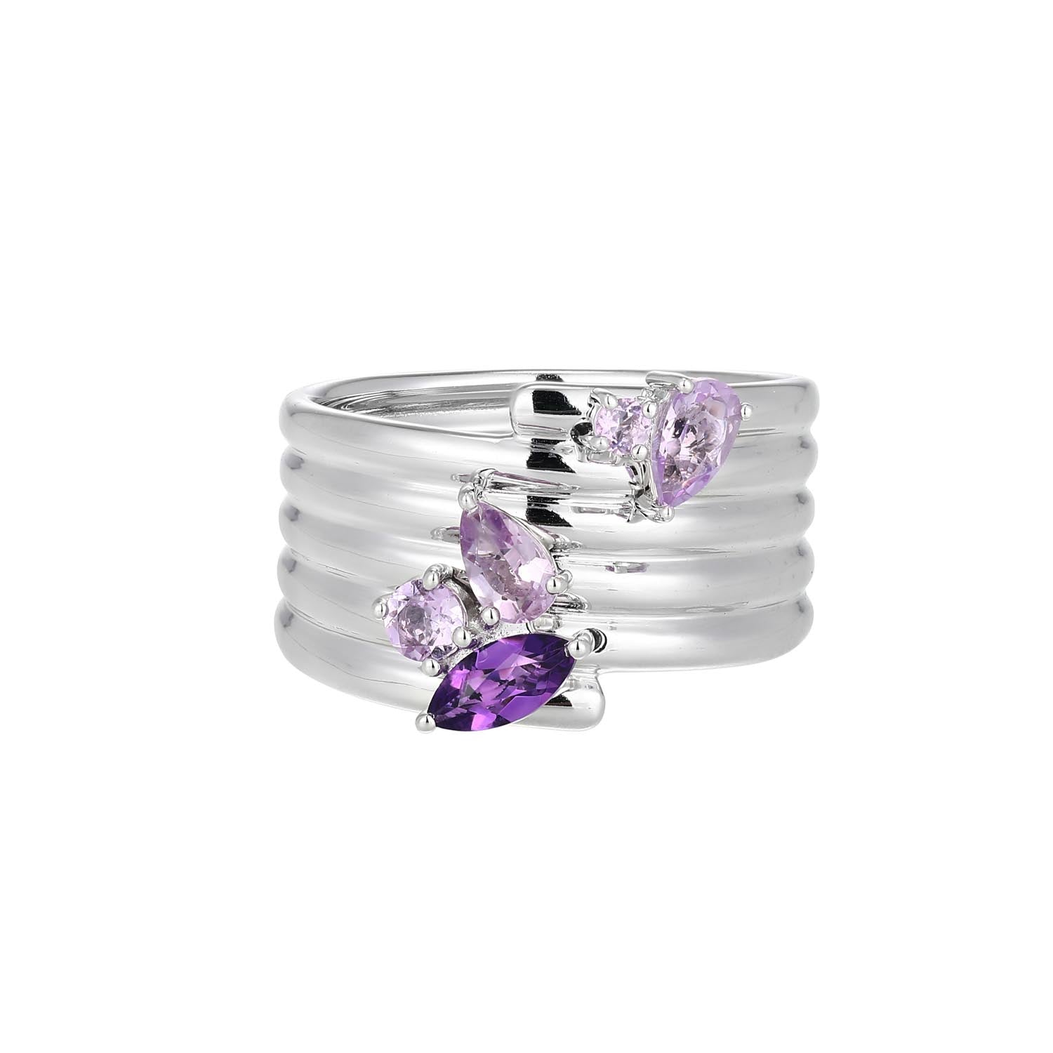 This Ring From The Goddess Collection Showcases A Striking Design. Genuine African And Brazilian Amethyst Gemstones Accentuate The Multi-Band Design Crafted In Rhodium-Plated Sterling Silver For A Modern, Sophisticated Look. - Size 9