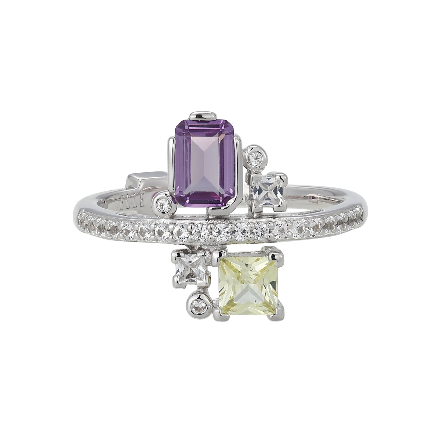Sterling Silver Elle "Puzzle" Rhodium Plated Created Alexandrite Sapphire, Created Yellow Sapphireand Created White Sapphire Ring - Size 9