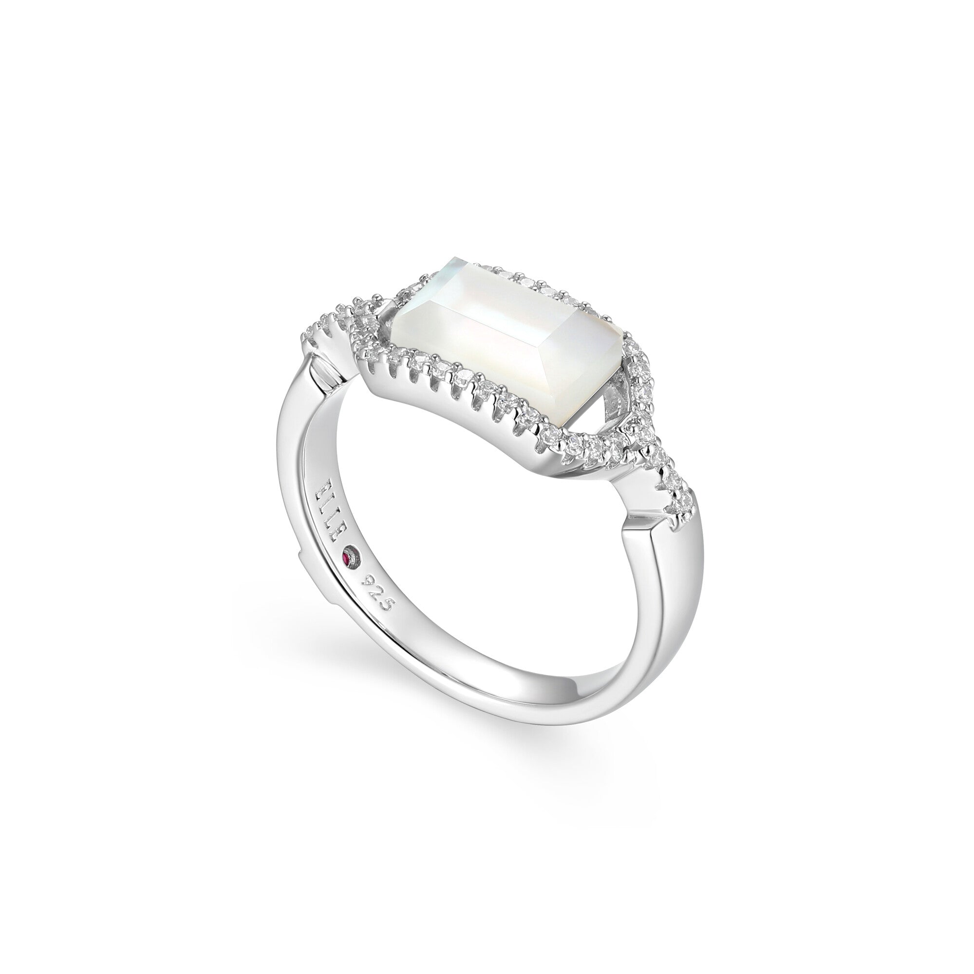 Sterling Silver Elle "Fancy" Rhodium Plated Ring G Stone Doublet(White Crystal+White Mop) Sb 8.5X5.5Mm And Cubic Zirconia Rd - Size 6