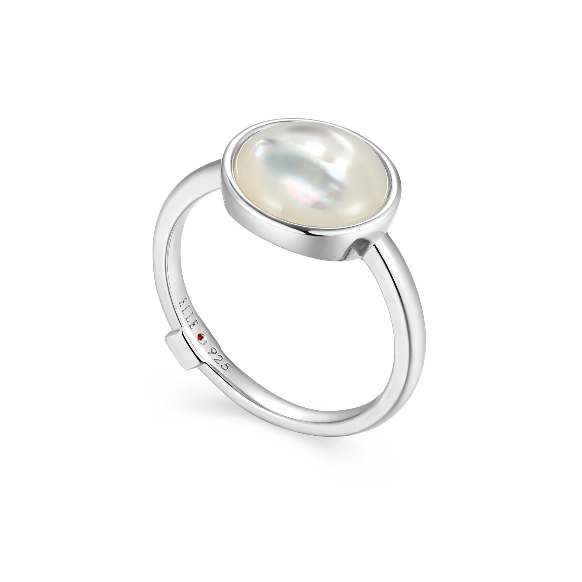 Sterling Silver Elle "Lustre" Rhodium Plated Ring White Mop(Pinctada Imbricata) Rd 10Mm - Size 8