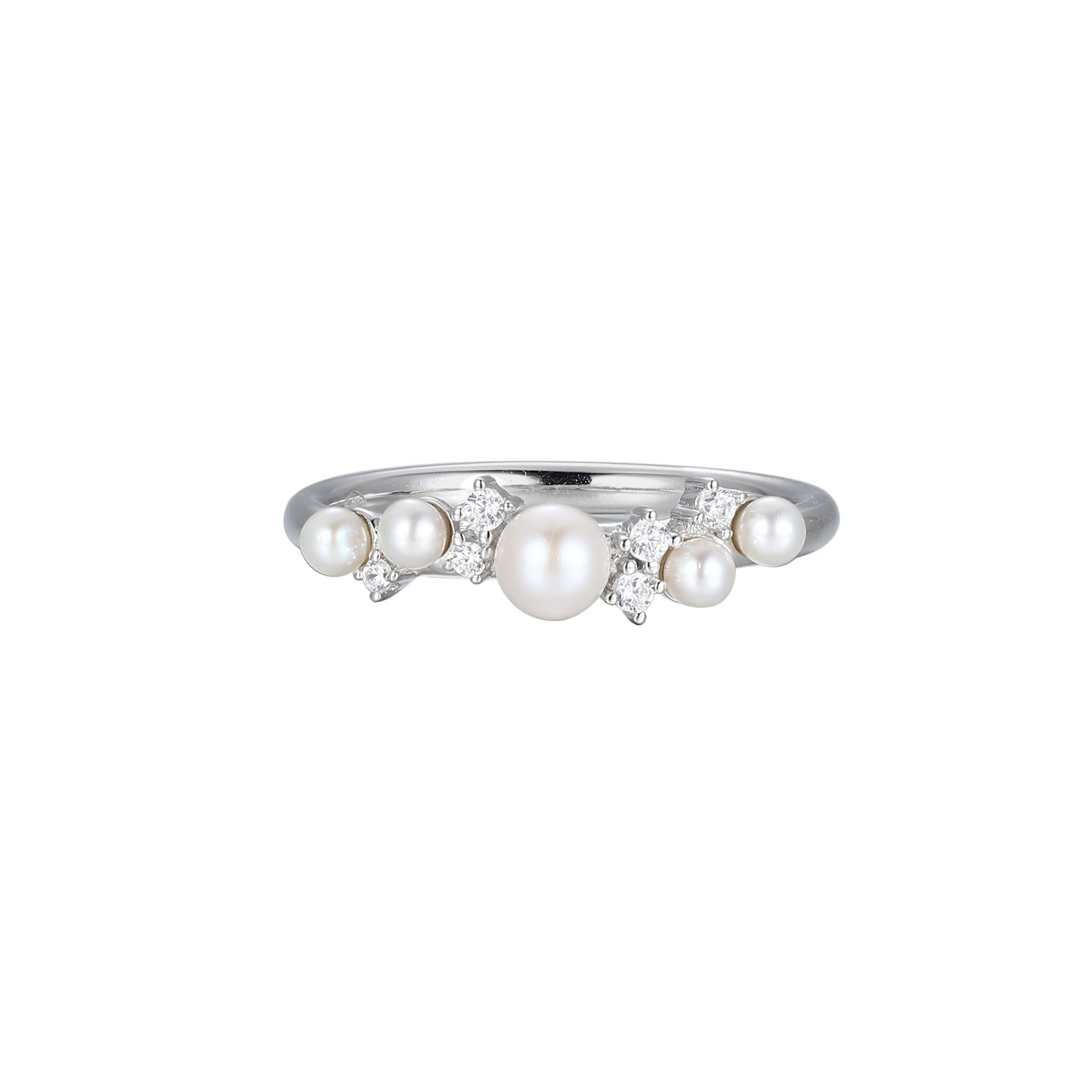 This Pearl Collection Ring Showcases An Elegant Blend Of Genuine Freshwater Pearls And Sparkling Cubic Zirconia Set In Sterling Silver With Rhodium Finish. Its Design Exudes Sophistication, Making It Versatile For Any Occasion. - Size 7