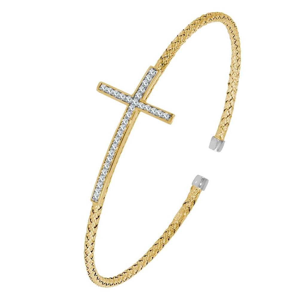 Sterling Silver 2Mm Mesh Cuff With Cz, 2 Tone, 18K Yellow Gold And Rhodium Finish