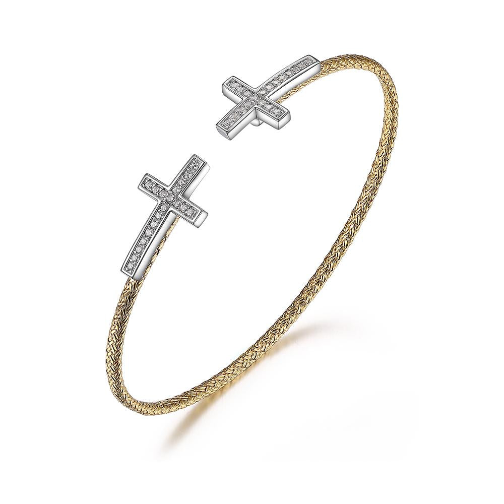 Sterling Silver 2Mm Mesh Cuff With Cz, 2 Tone, 18K Yellow Gold And Rhodium Finish