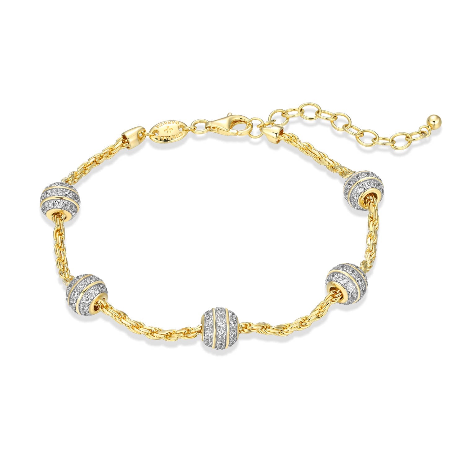 Sterling Silver Charles Garnier "rope" Rhodium And Yellow Gold Plated Cz Bracelet 7.5" + 1.5" On Rope Chain