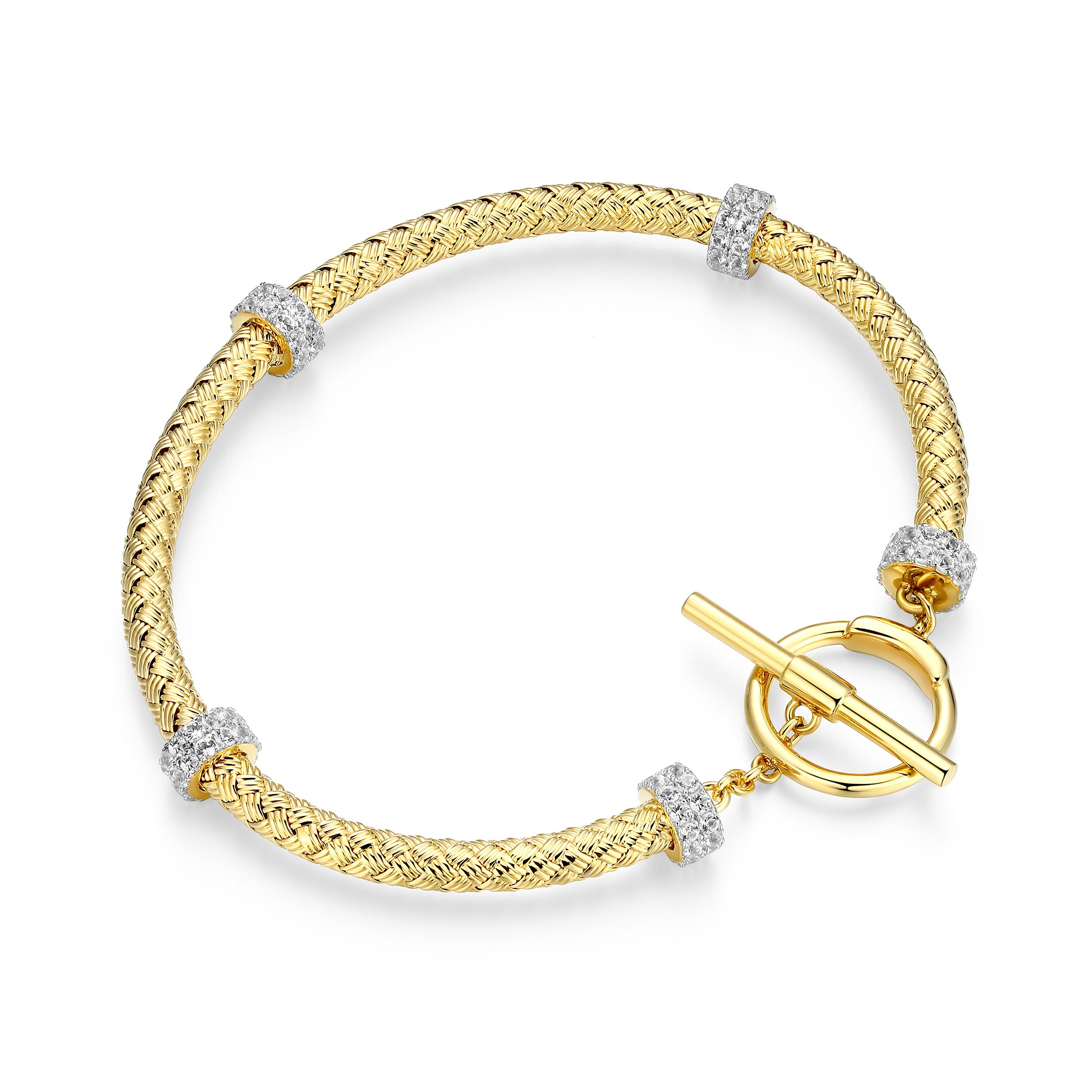 CB0194 - Created White Sapphire Rondelle Station Original Mesh Toggle Bracelet