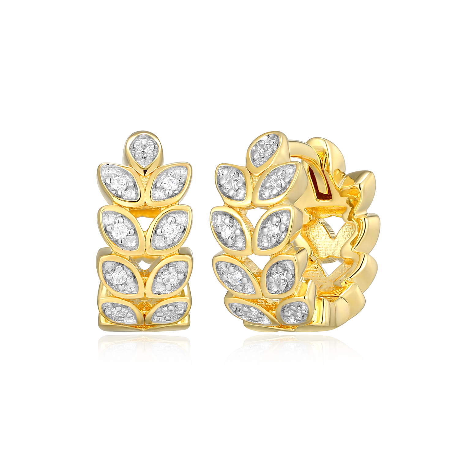 BE0187Y - Marquis Flower Lab-Created Diamond Huggie Earrings in 14K Gold & Rhodium-Plated Sterling Silver