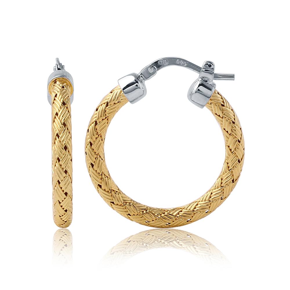 Sterling Silver 3Mm Mesh Earrings, Round Approximate 25Mm, 2 Tone, 18K Yellow Gold And Rhodium Finish