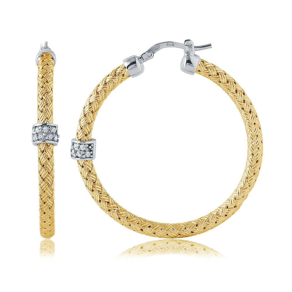 Sterling Silver 3Mm Mesh Earrings With Cz, Round Approximate 35Mm, 2 Tone, 18K Yellow Gold And Rhodium Finish