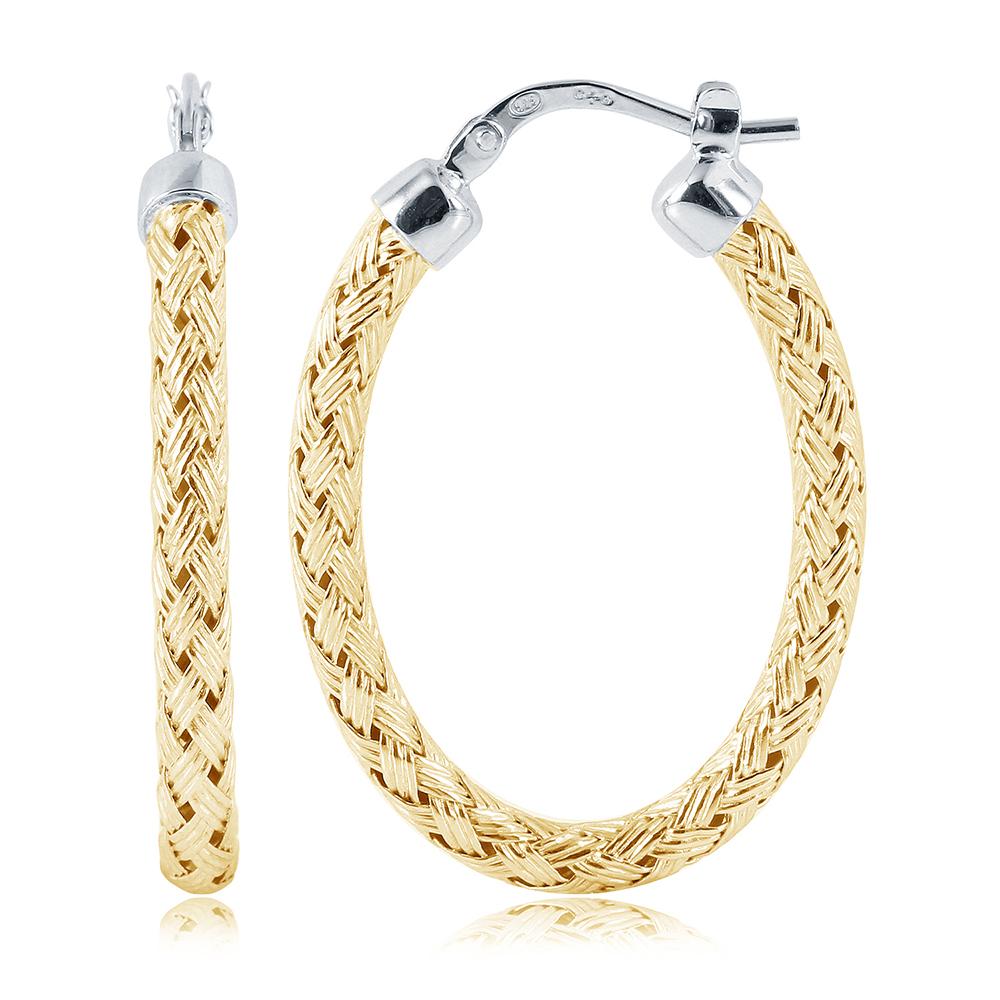 Sterling Silver 3Mm Mesh Earrings, Oval Approximate 30X22Mm, 2 Tone, 18K Yellow Gold And Rhodium Finish