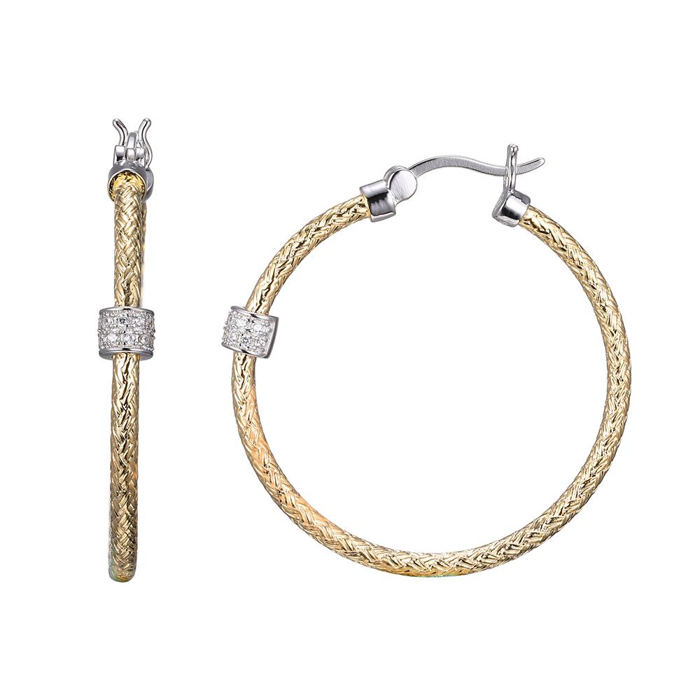 Sterling Silver 2Mm Mesh Earrings With Cz, Round Approximate 35Mm, 2 Tone, 18K Yellow Gold And Rhodium Finish