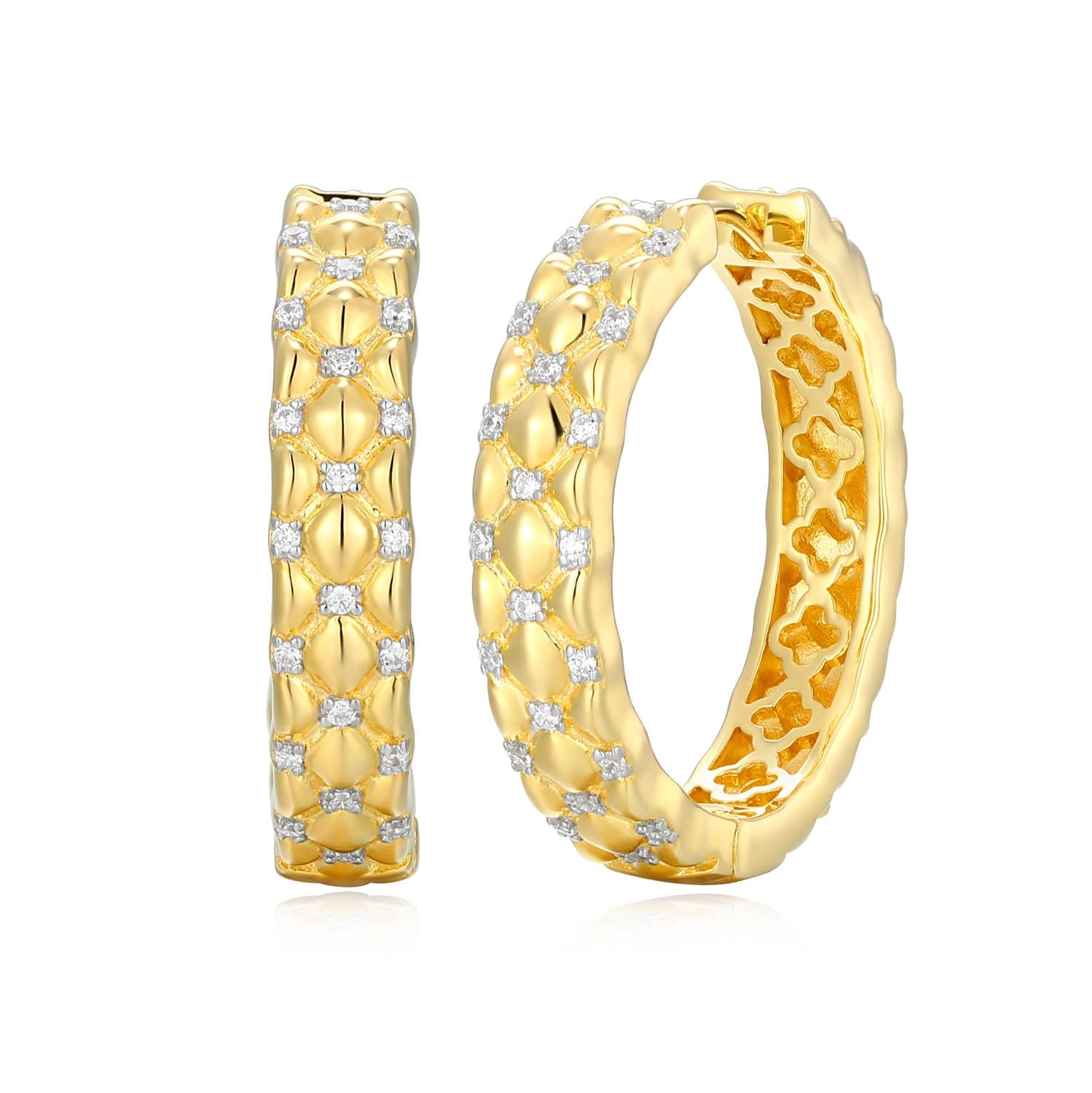 Sterling Silver Charles Garnier "quilted" Rhodium And Yellow Gold Plated Cz Earrings 25mm