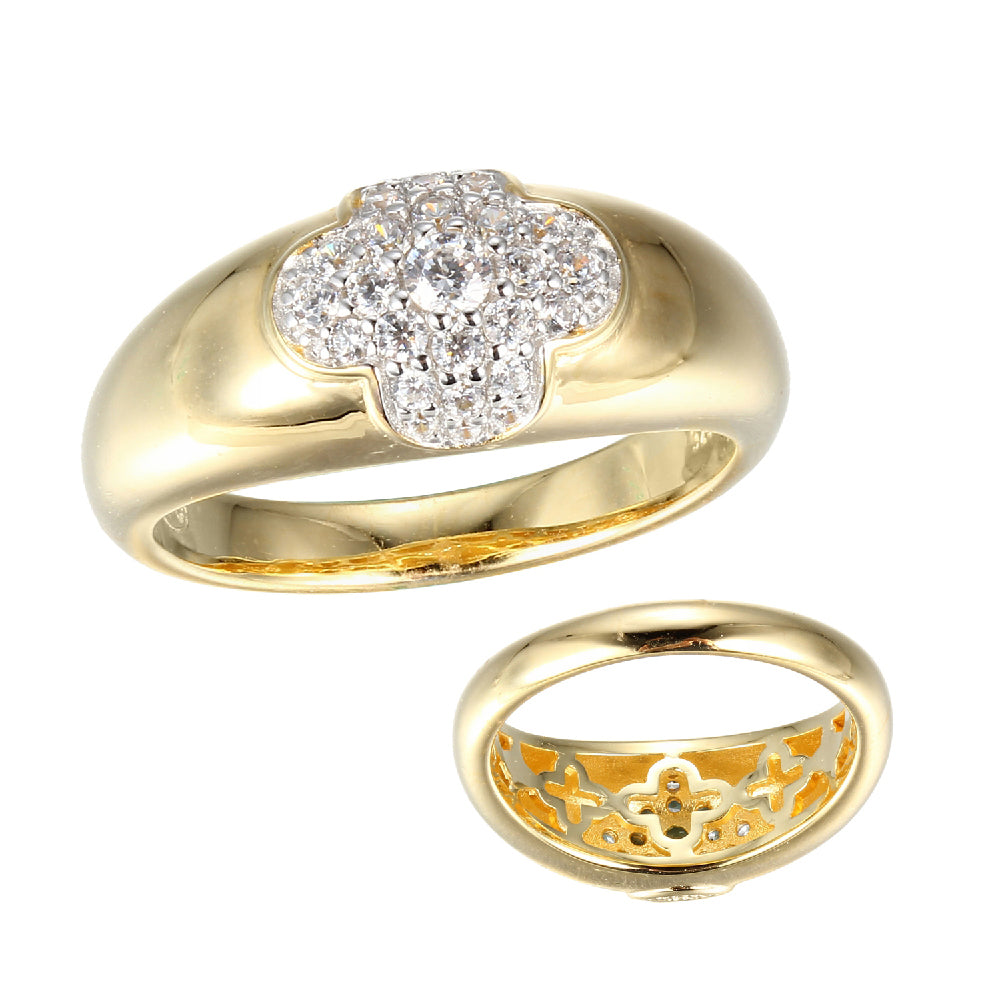 Sterling Silver Ring With Cz Clover, 2 Tone, 18K Yellow Gold And Rhodium Finish - Size 9