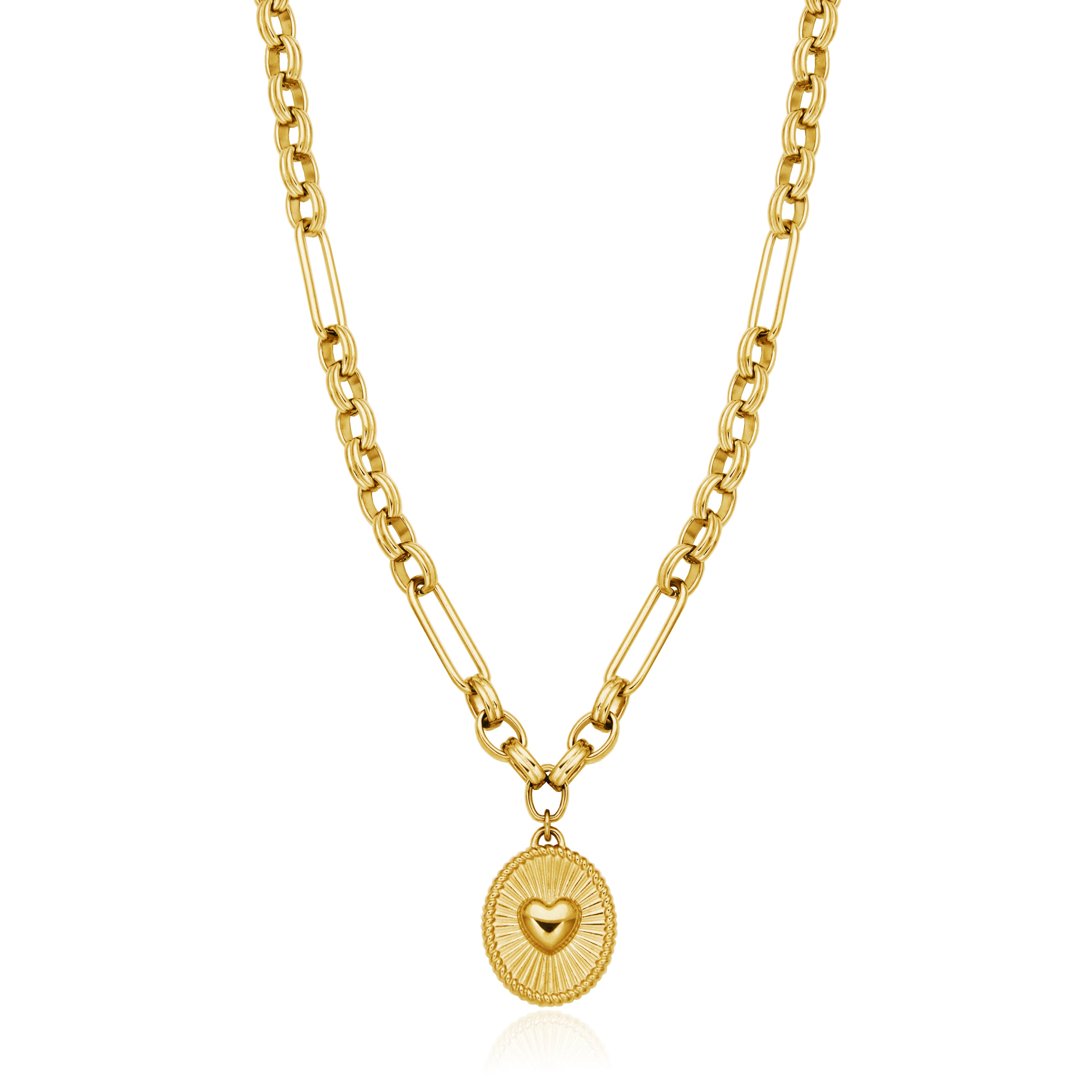 T0XJ800216 - Puffy Heart Oval Charm Multi-Shaped Chain Necklace