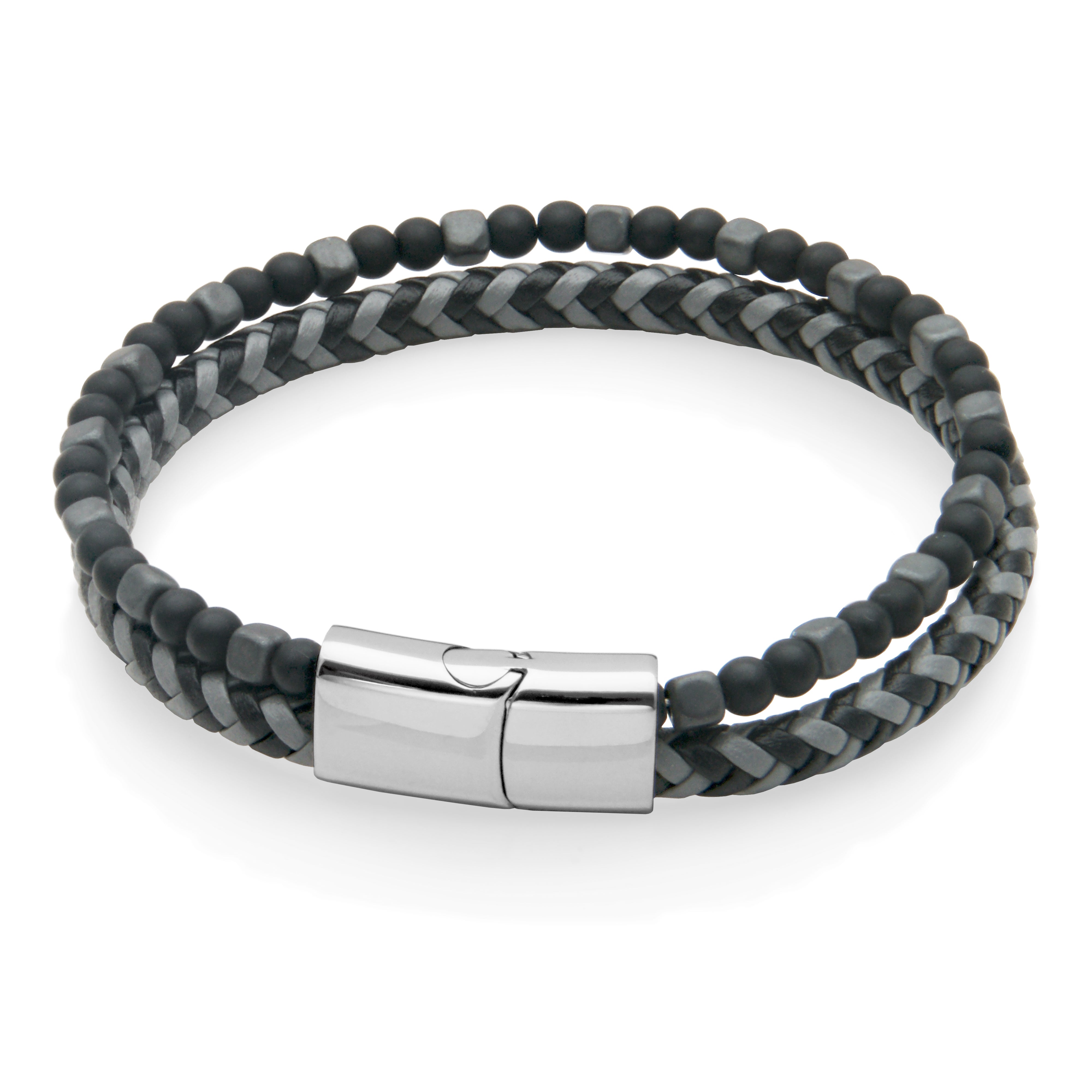 Steelx Blace Agate&amp;hematite Leather Bracelet 8.5"