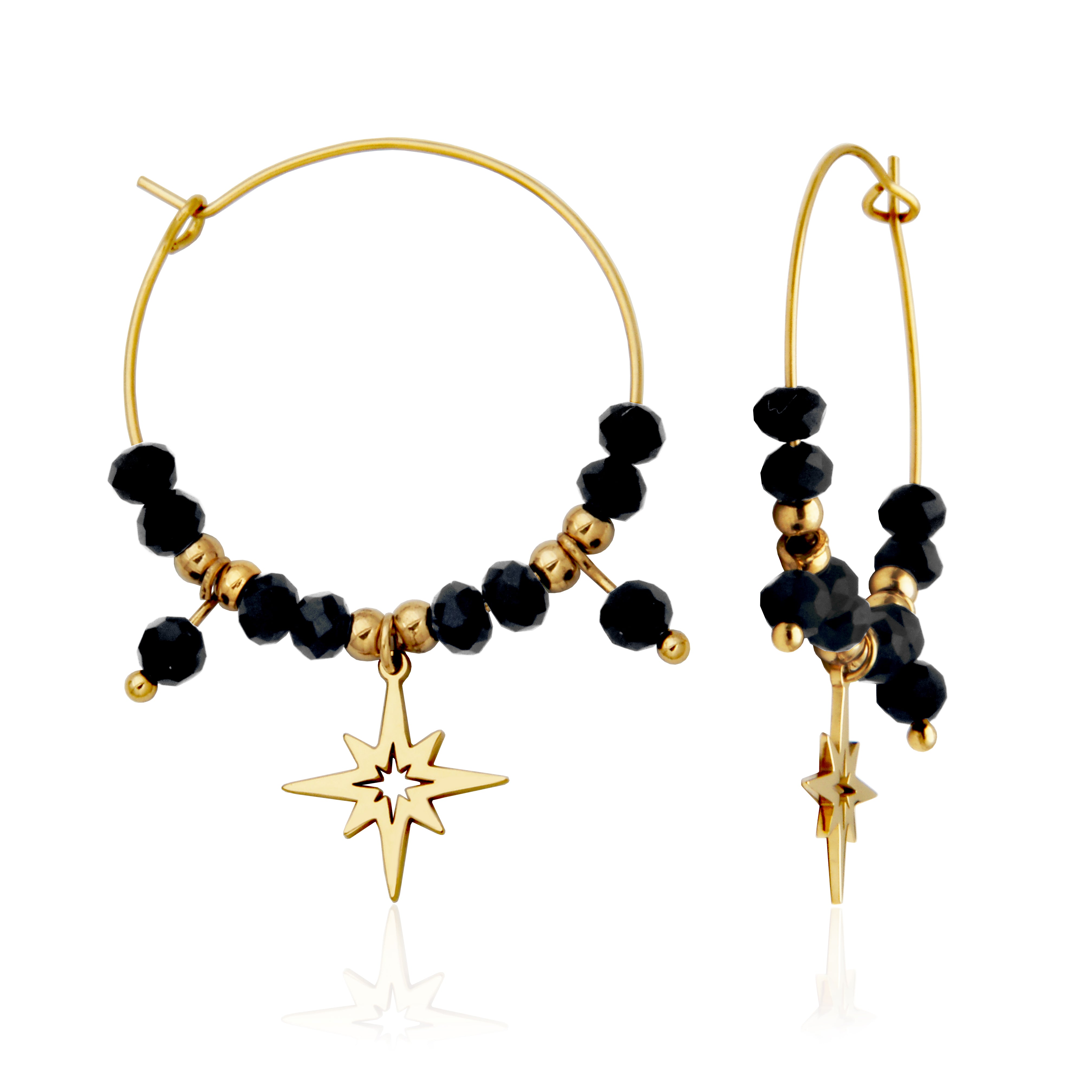 Steelx Ip Gd Earring Black Glass  Beads  Hoop