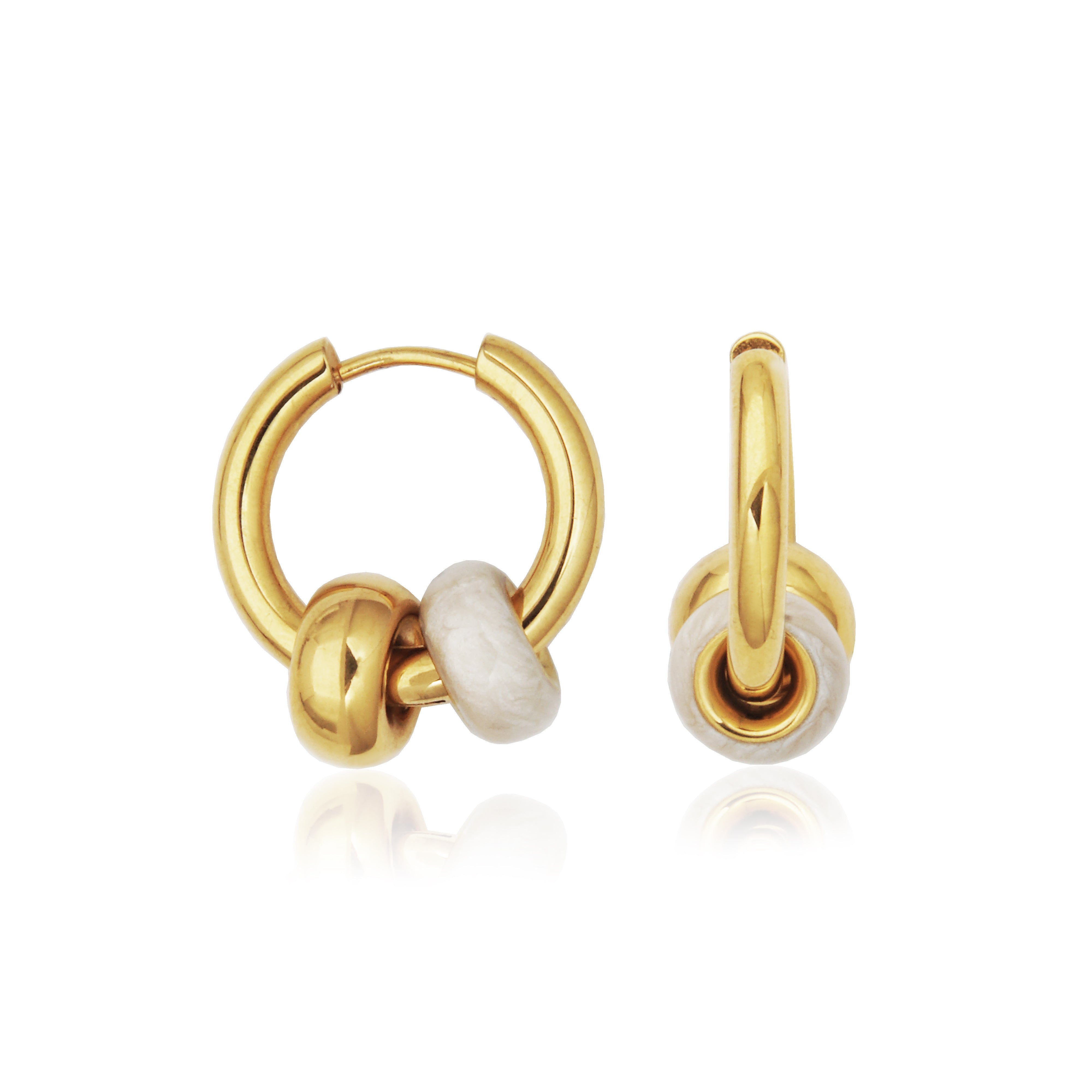 T2XJ850200 - Two-Tone White Enamel & IP Gold Rondelles Huggie Earrings