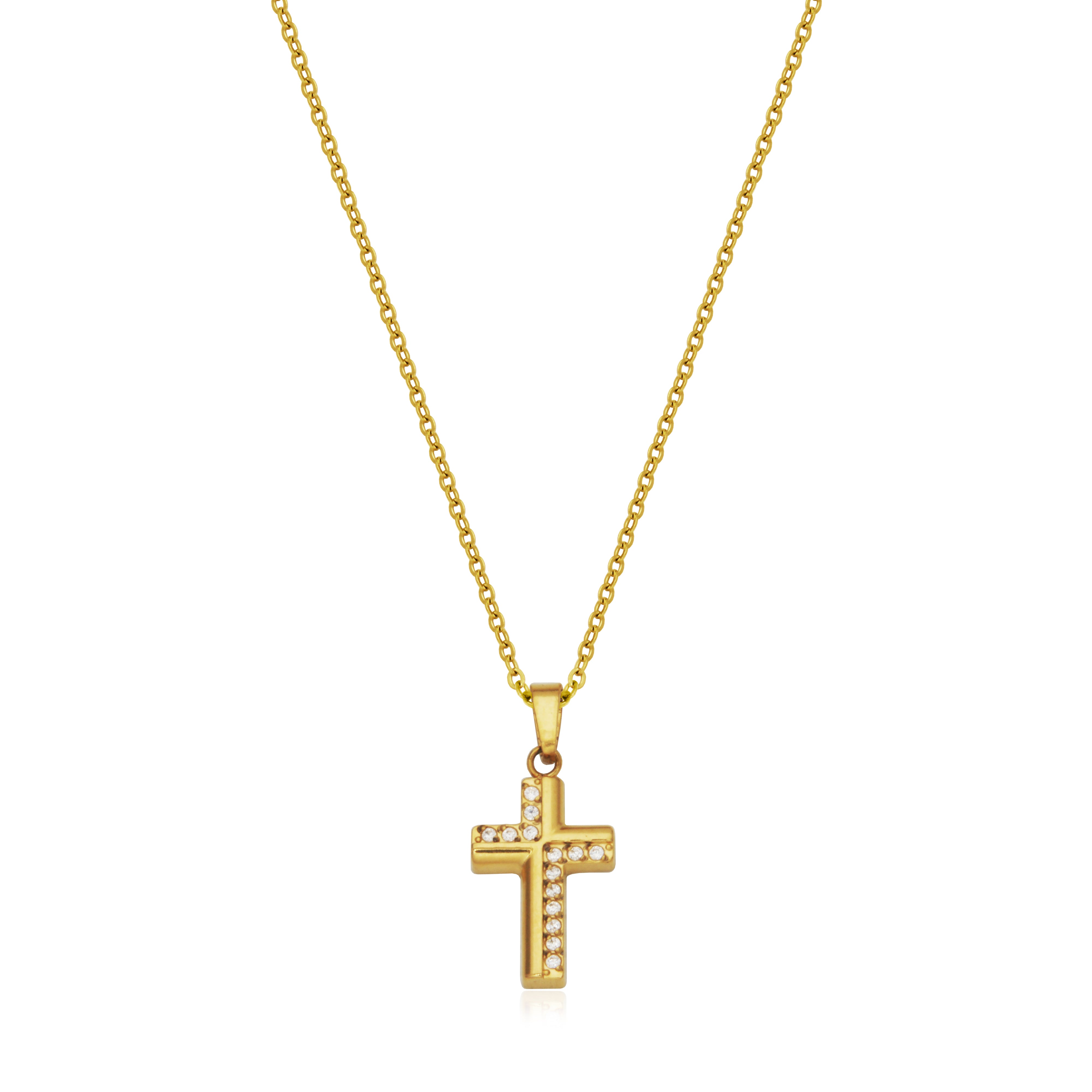 Steelx Ip Gd Cross 10*15Mm Pend With Cz 18+2"