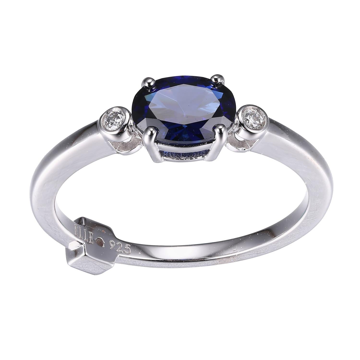 Sterling Silver Ring With Lab Created Oval Sapphire (6X4Mm) And Lab Grown Diamond (Total Weight 3Pt, F/C, H-I/I1), Rhodium Plated - Size 6