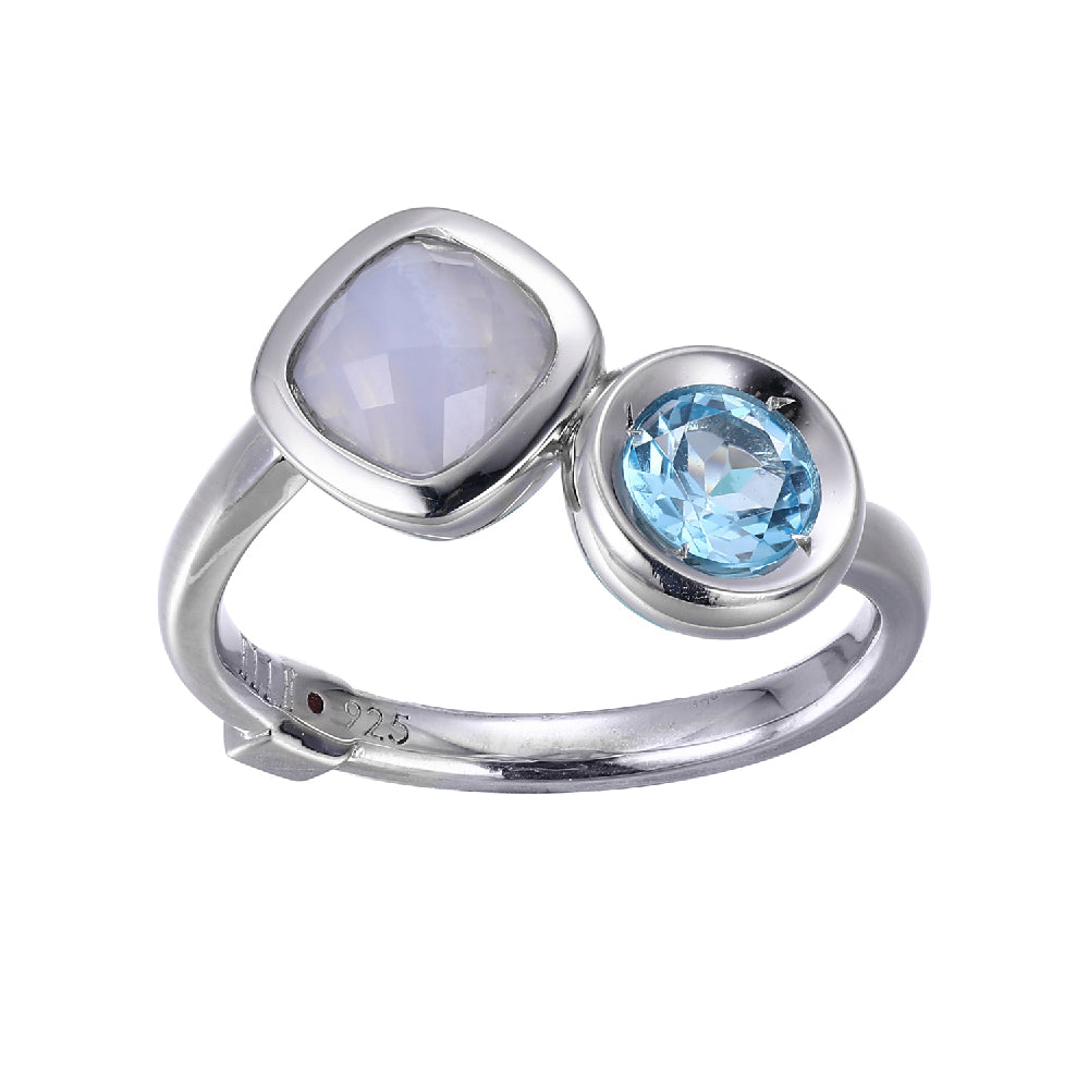 Sterling Silver " Mirage" Rhodium Plated Geniune 6Mm Cushion Blue Lace Agate And Genuine 5Mm Round Blue Topaz Ring - Size 7