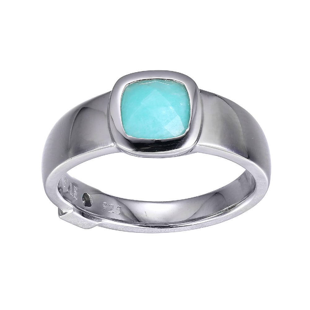 Sterling Silver " Mirage" Rhodium Plated Genuine Cushion Cut 6Mm Amazonite Ring - Size 8