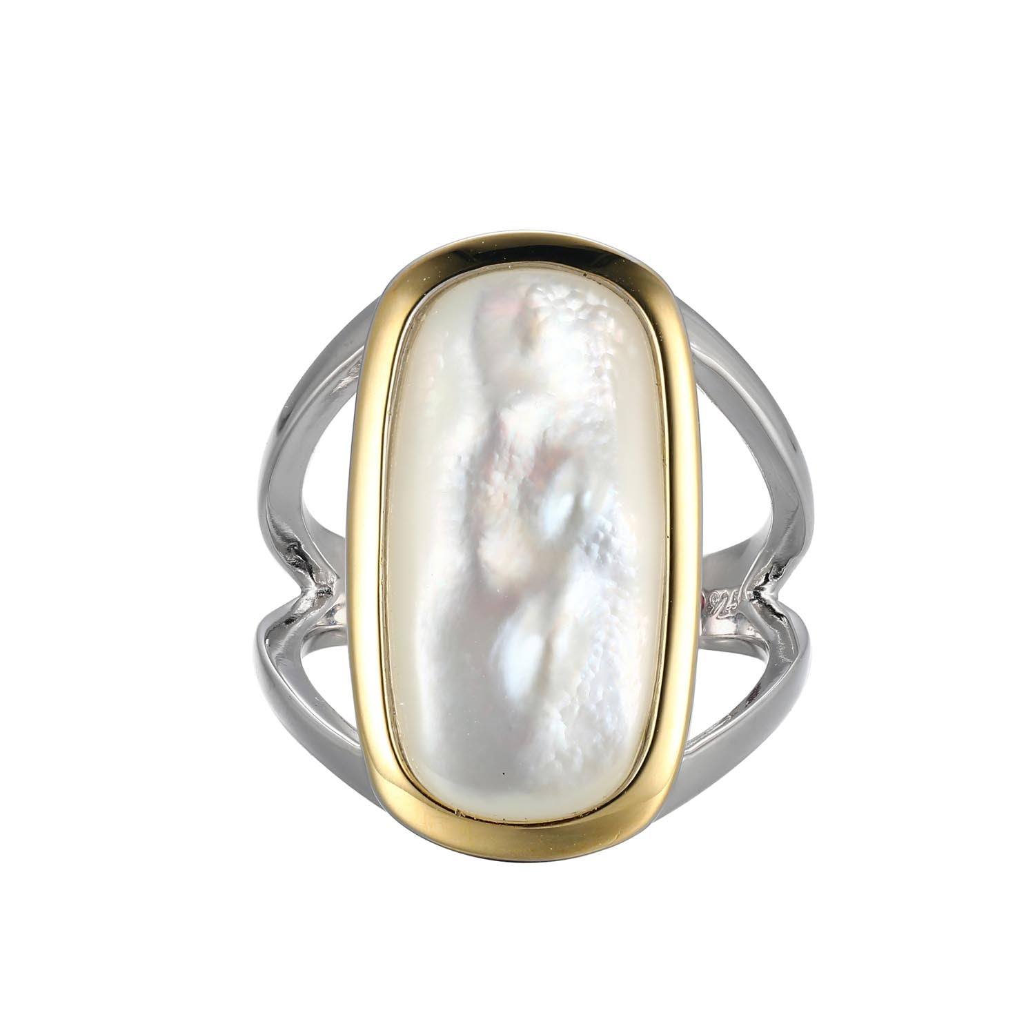 Sterling Silver "Allure" Rhodium And Yellow Gold Plated Elongated Genuine Malachite Cushion Cut Ring - Size 8