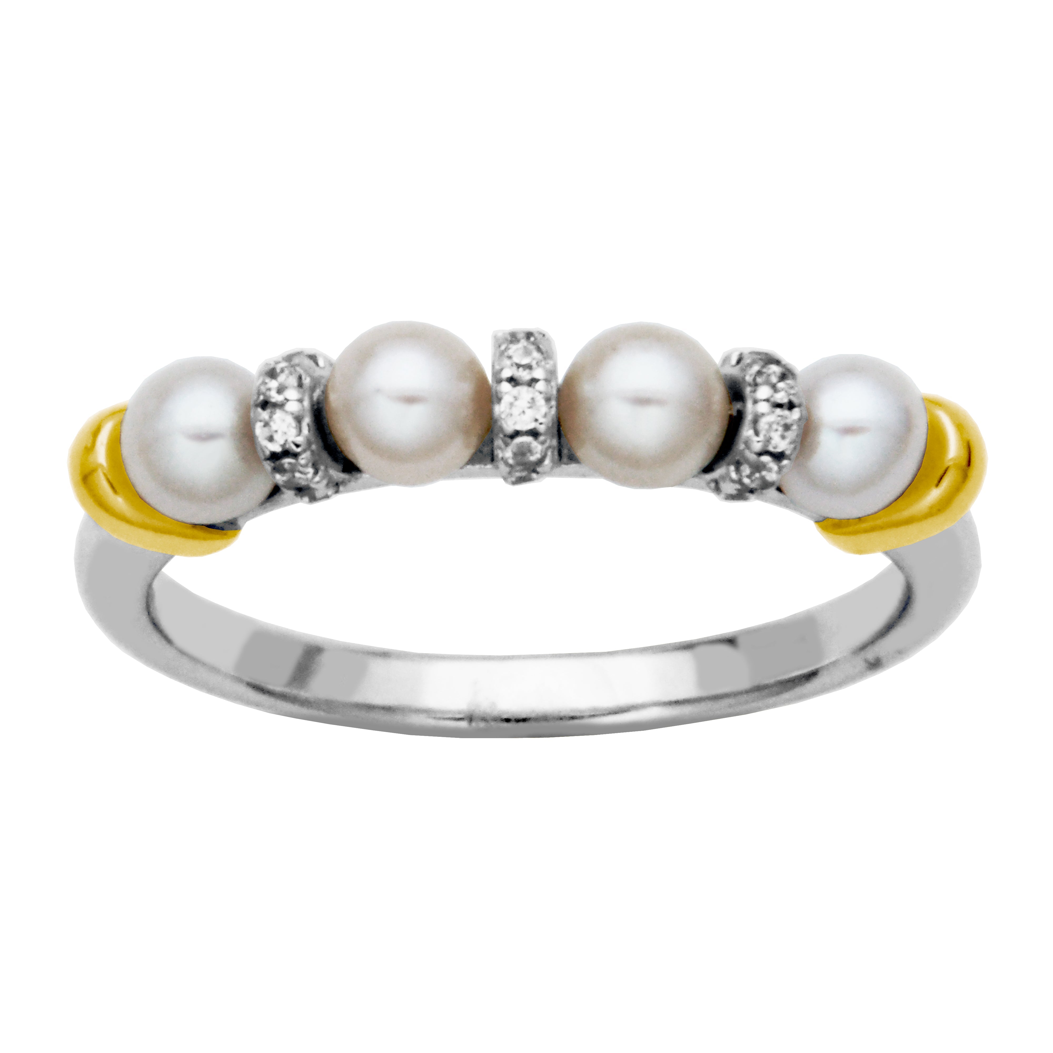 Sterling Silver Freshwater Pearl(3.5-4.0Mm)And Cubic Zirconia  Ring Rhodium And Yellow Gold Finish Ring 6 - Size 7