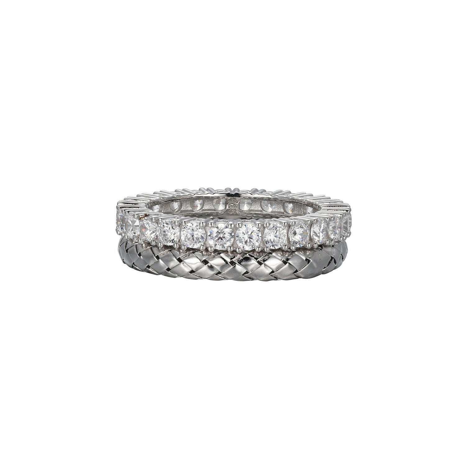 Sterling Silver New Mesh 2 Cubic Zirconia Layered Ring Rhodium Finish - Size 9