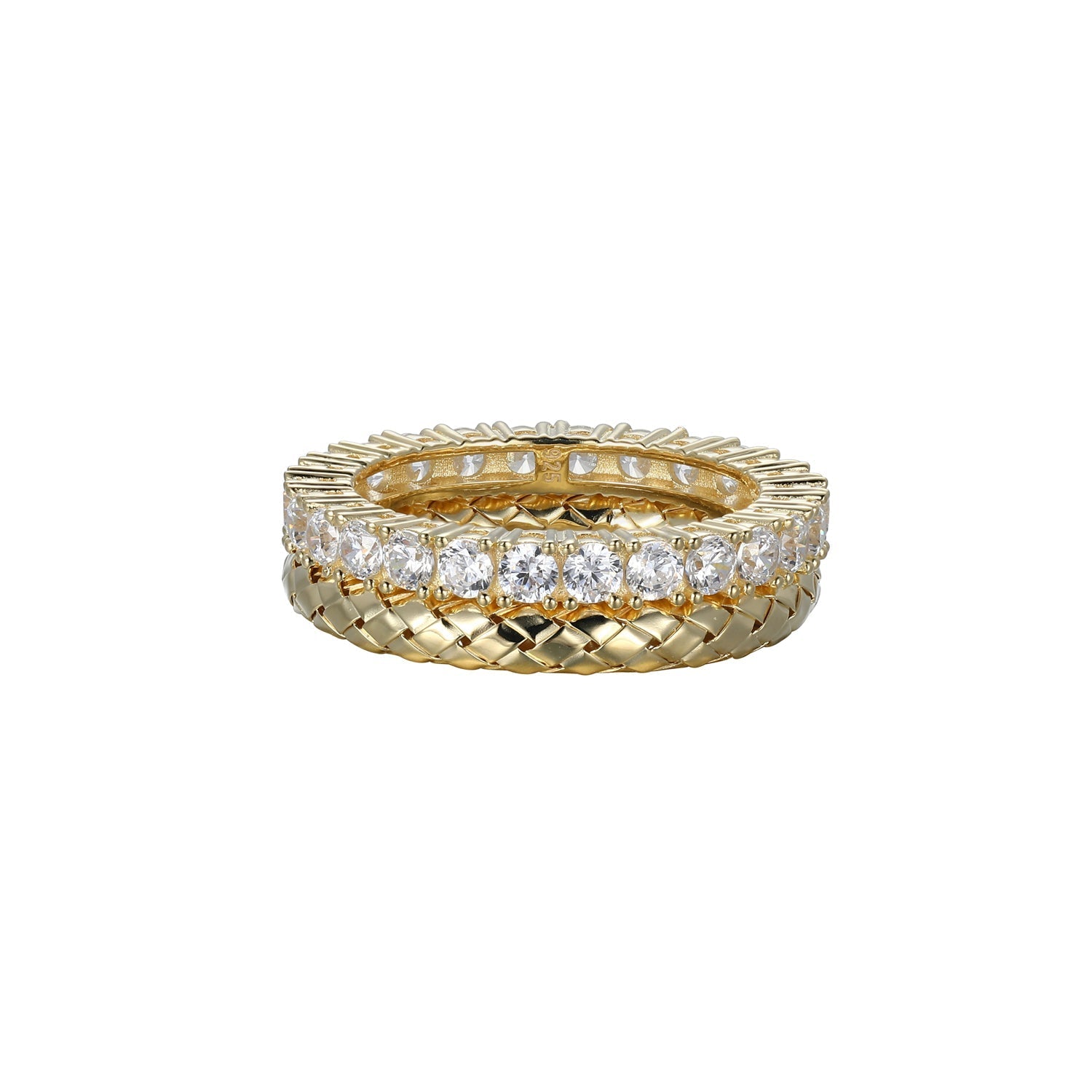 Sterling Silver New Mesh 2 Cubic Zirconia Layered Ring Yellow Gold Finish - Size 6