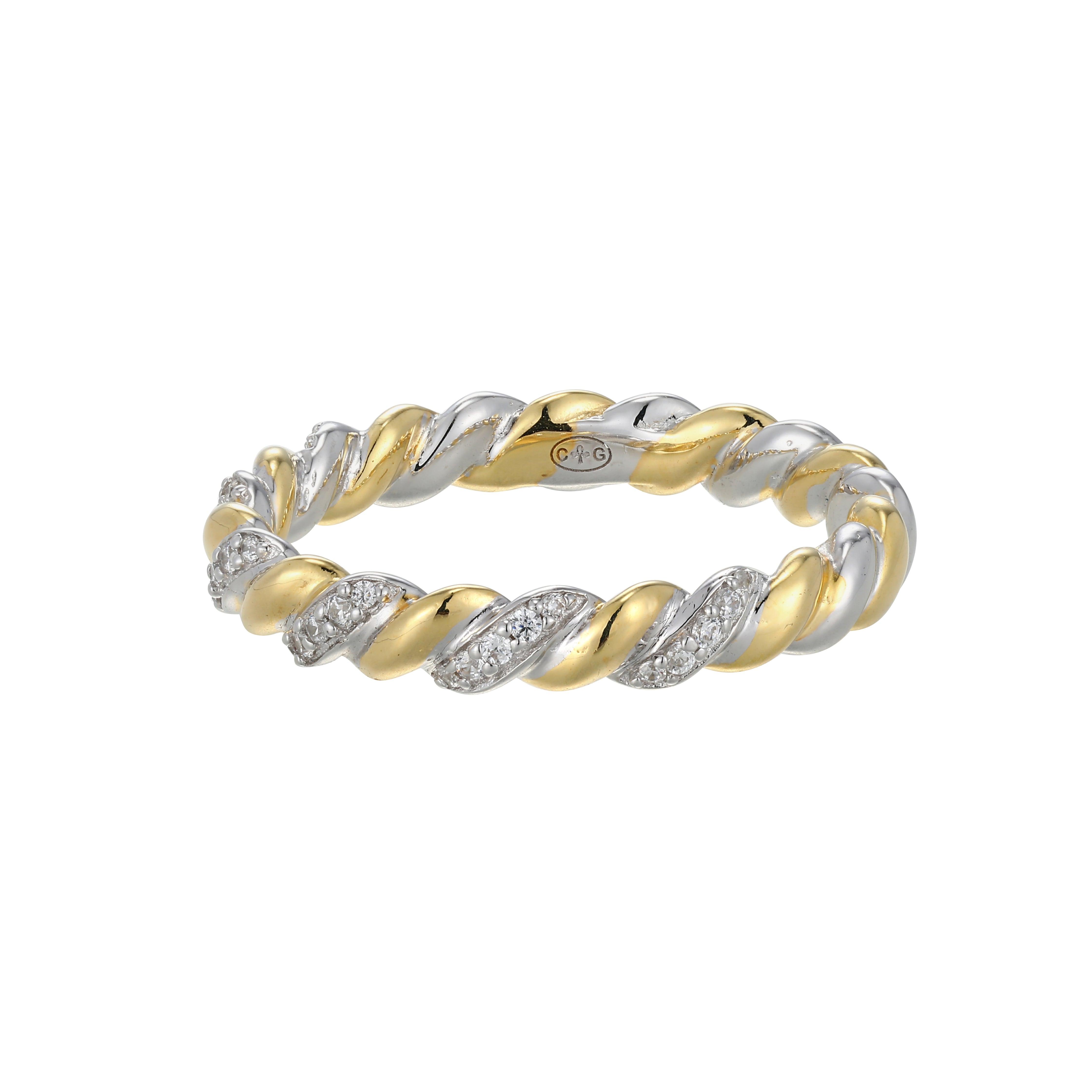 Sterling Silver Yellow Gold And Rhodium Plated Ring With White Cz - Size 8