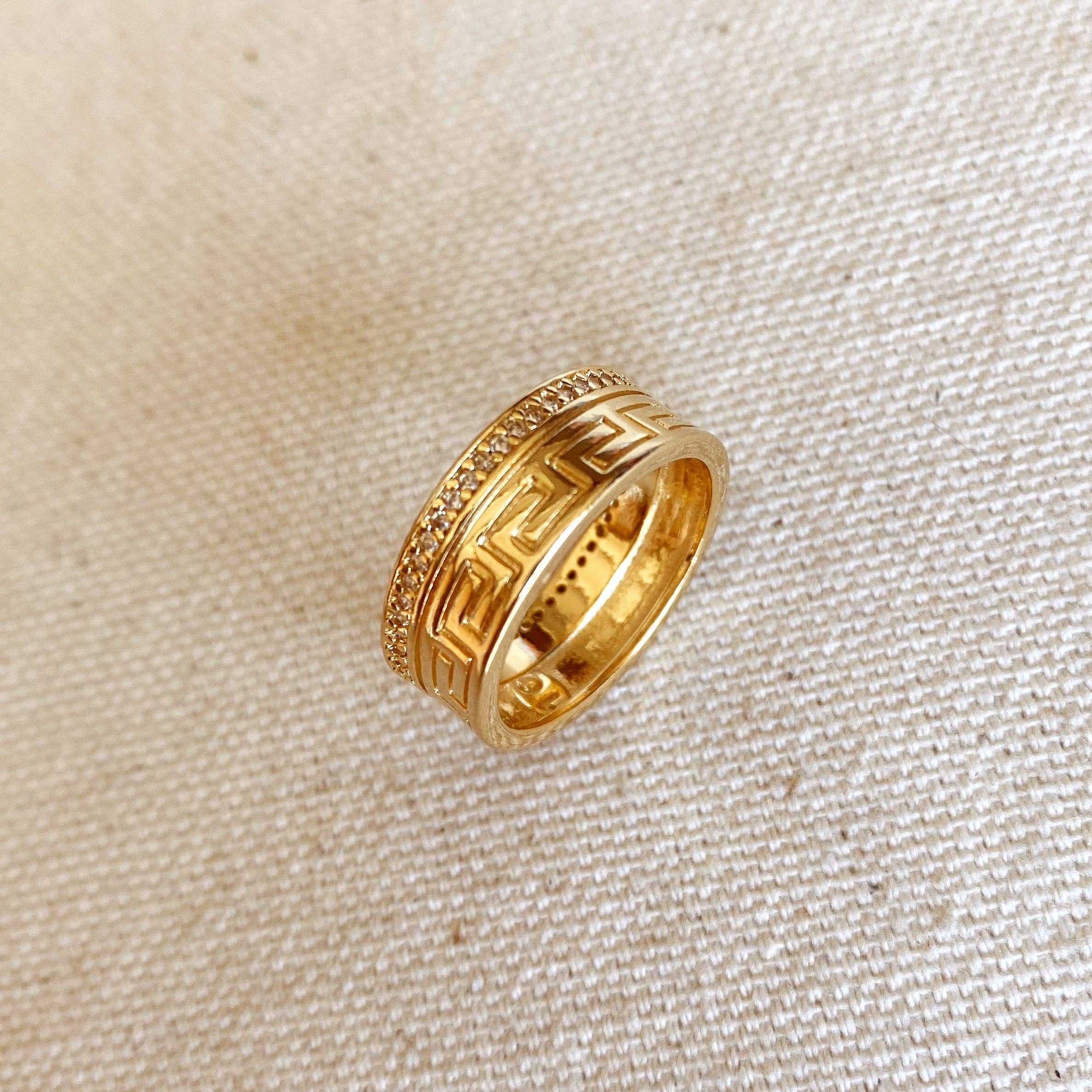 18k Gold Filled Greek Pattern Band Ring With Cubic Zirconia Detail - 6