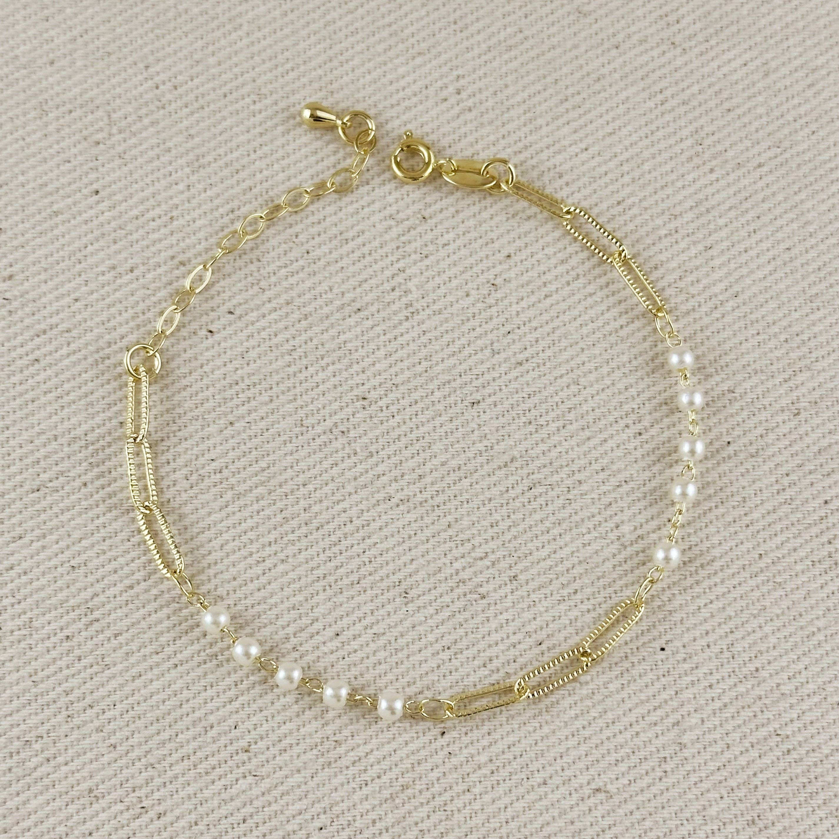 18k Gold Filled Diamond Cut Paperclip &amp; Pearls Bracelet