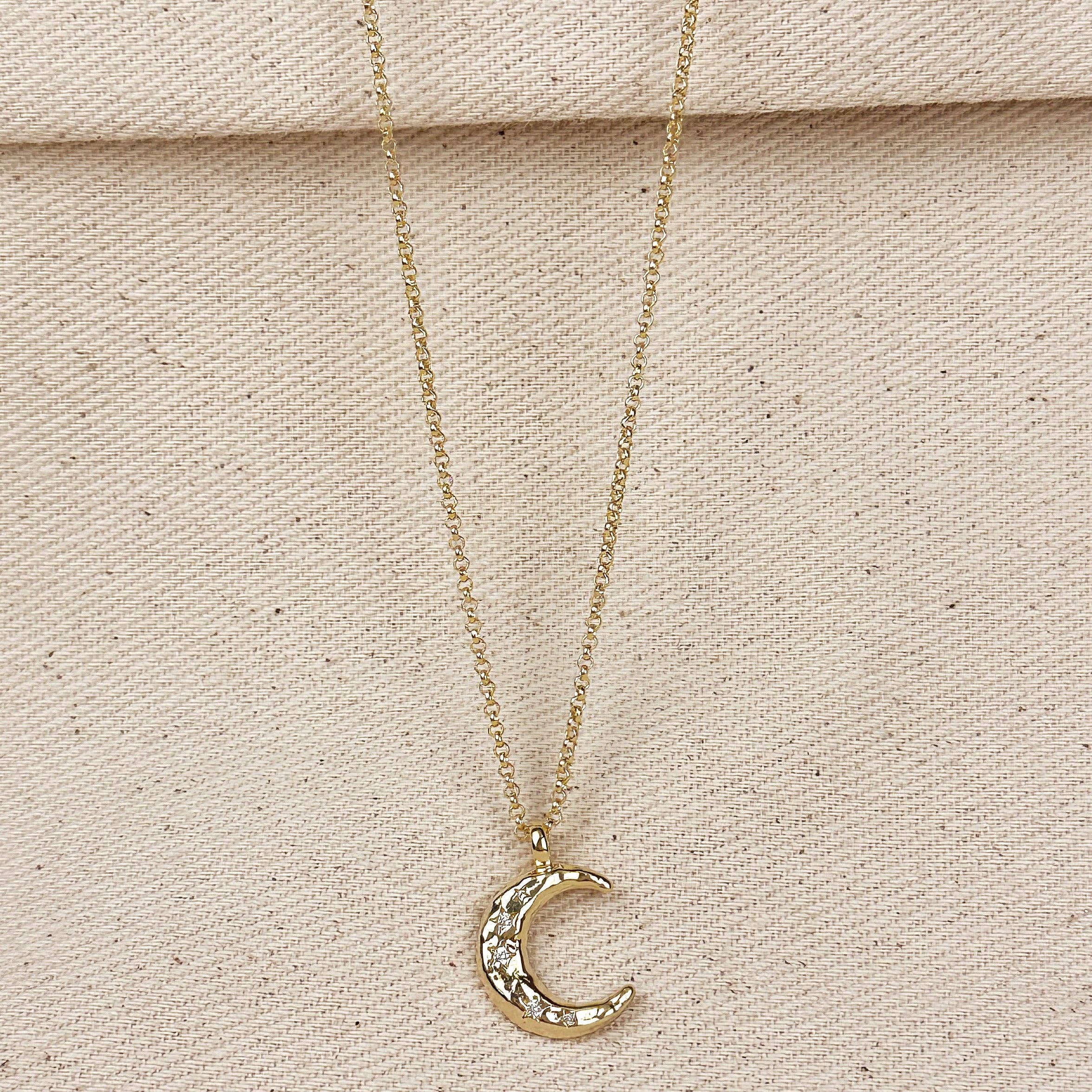 18k Gold Filled Hammered Crescent Moon Cz Necklace