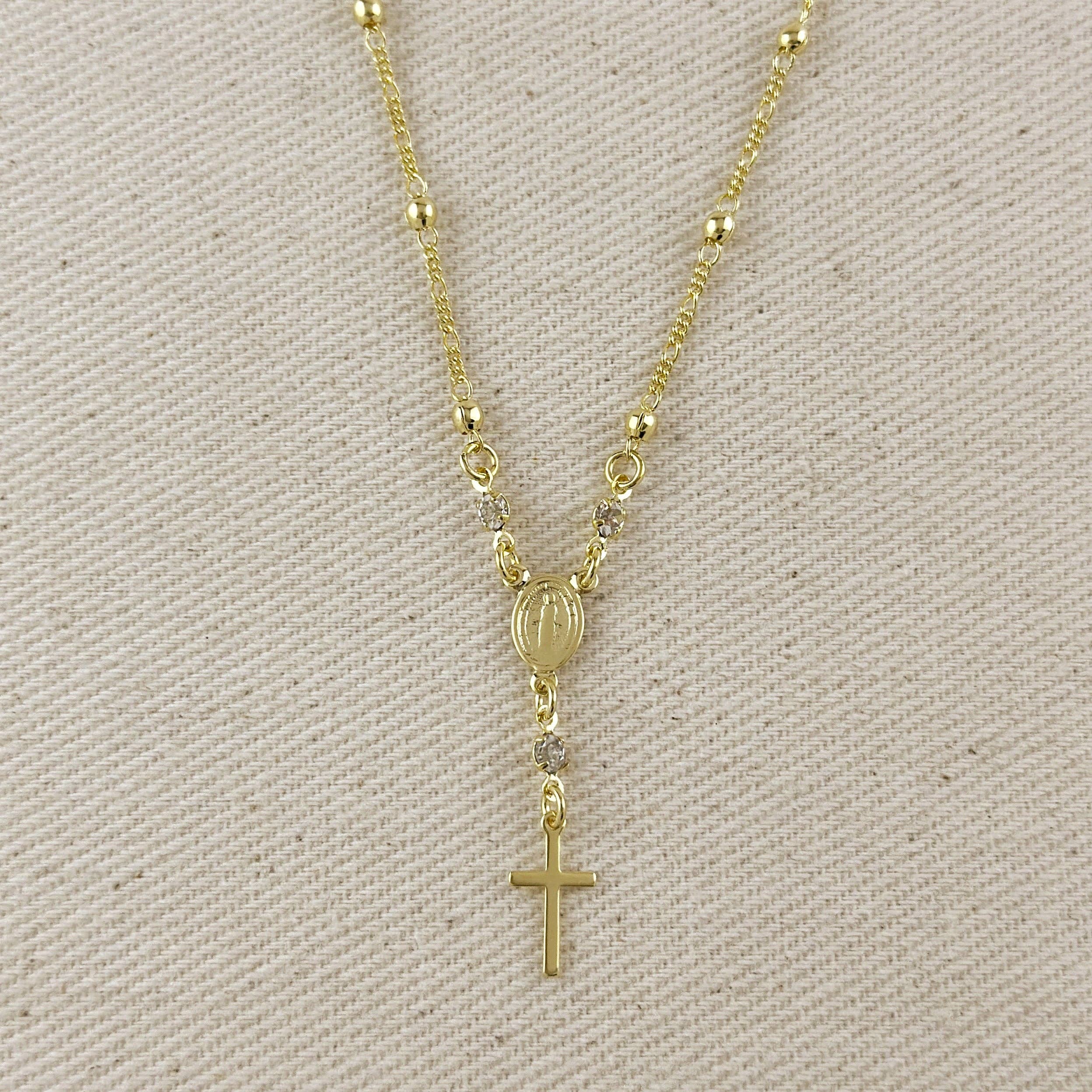 18k Gold Filled Our Lady of Graces Rosary Ball Chain and Small Plain Cross