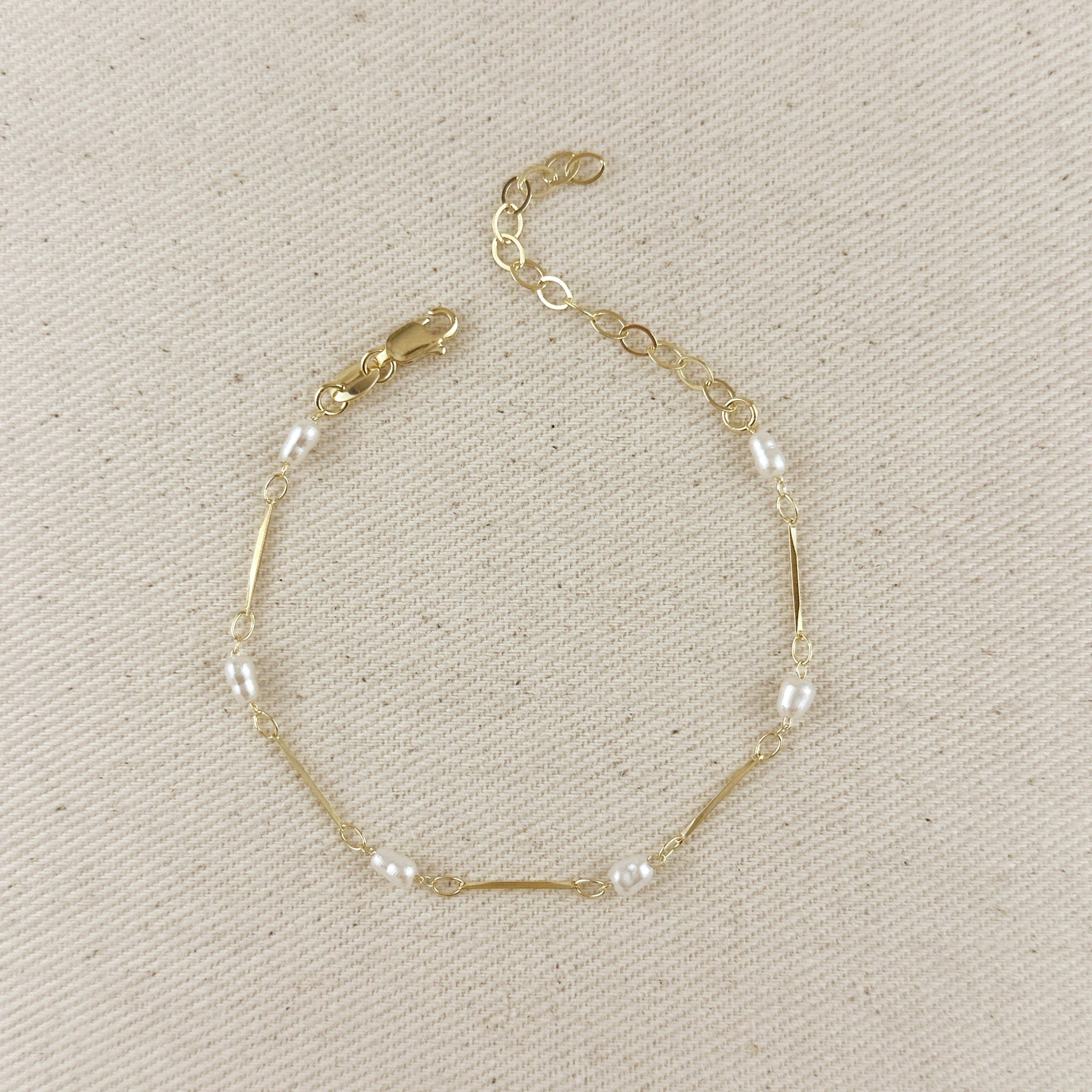 18k Gold Filled Pearl Bead &amp; Straw Bracelet
