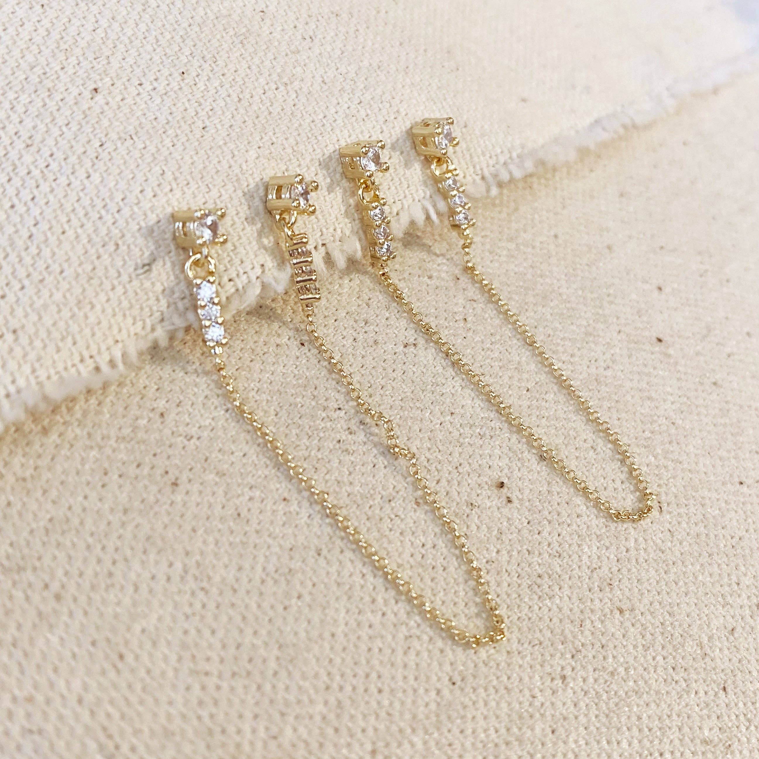 Cz Double Piercing Earrings Connected By Chain
