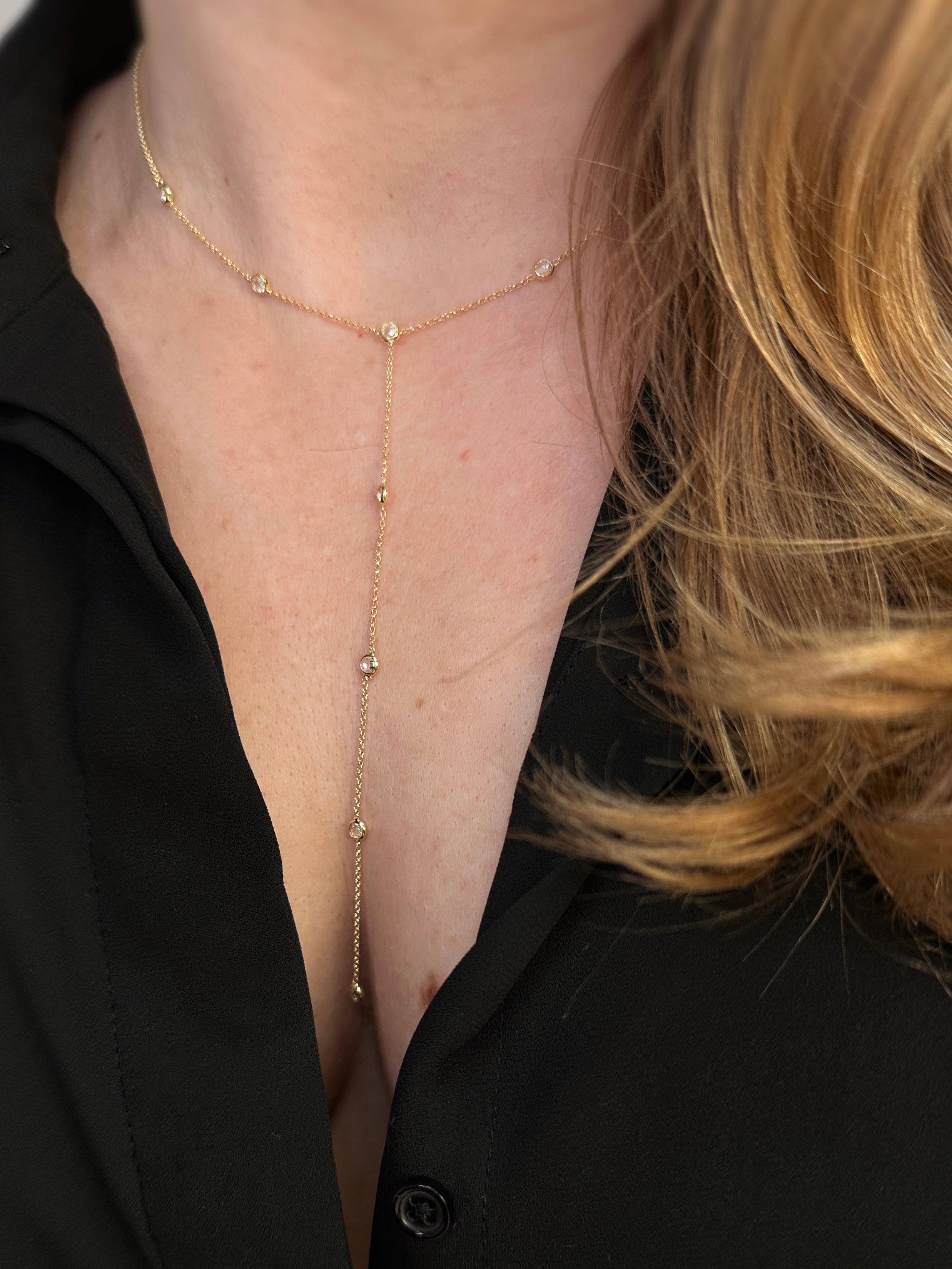 18k Gold Filled Lariat Necklace with Bezel Cz