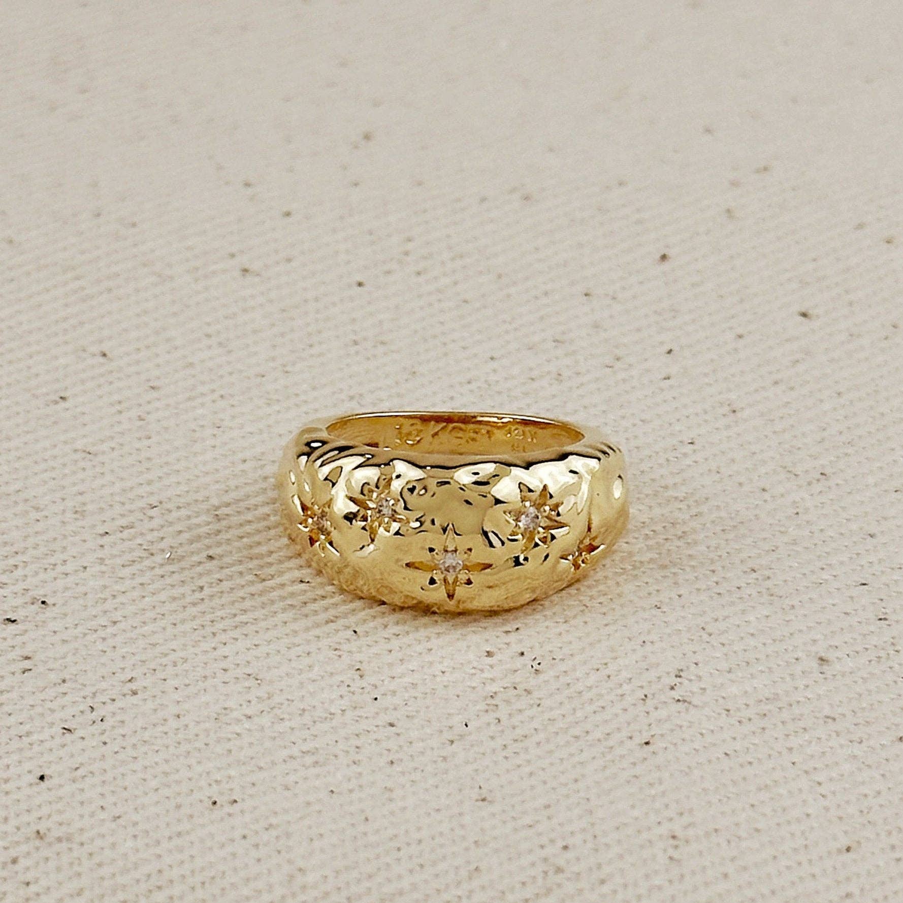 18k Gold Filled Hammered Moon Ring With CZ Stones - 10