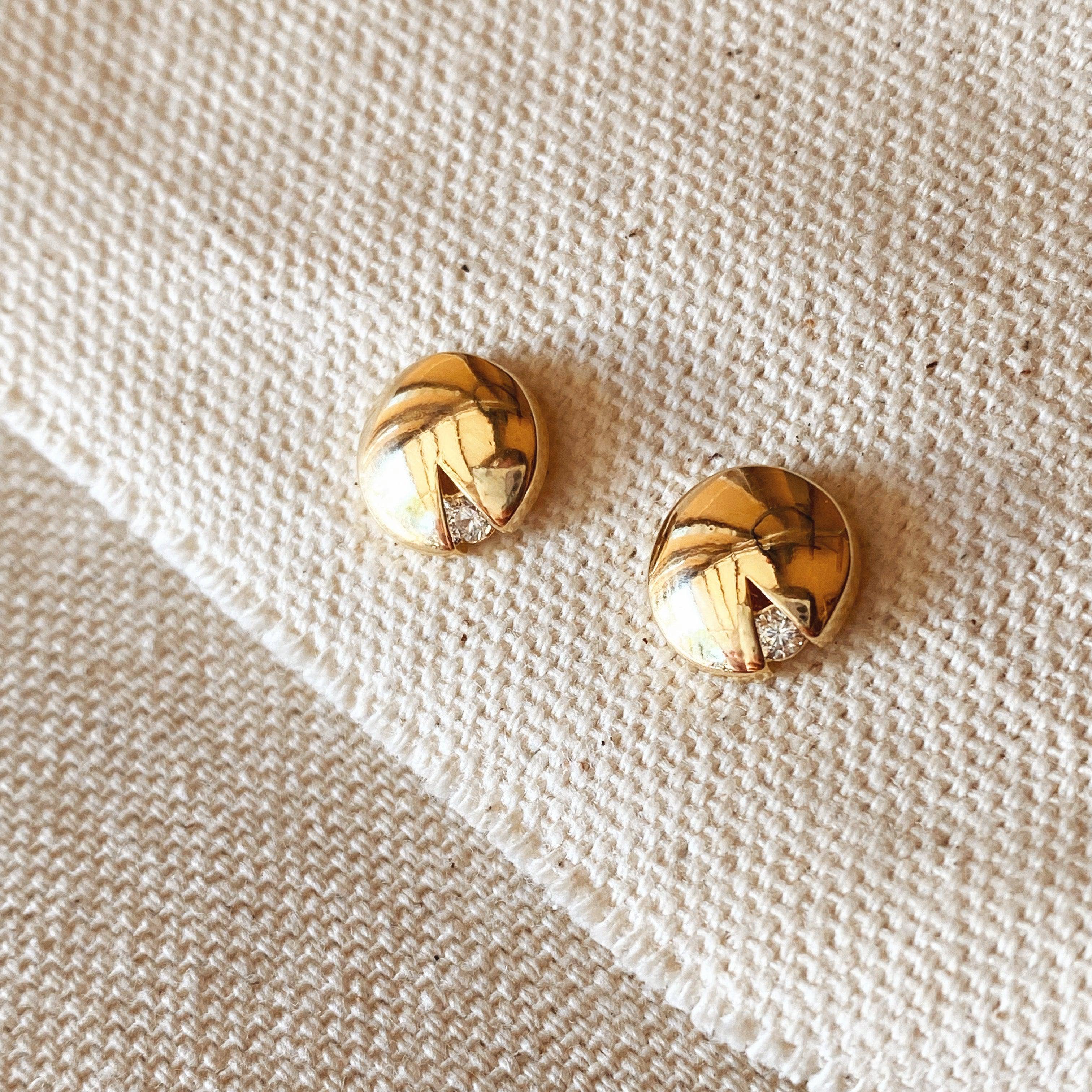 18k Gold Filled Split Round Button Stud with Cubic Zircon Detail